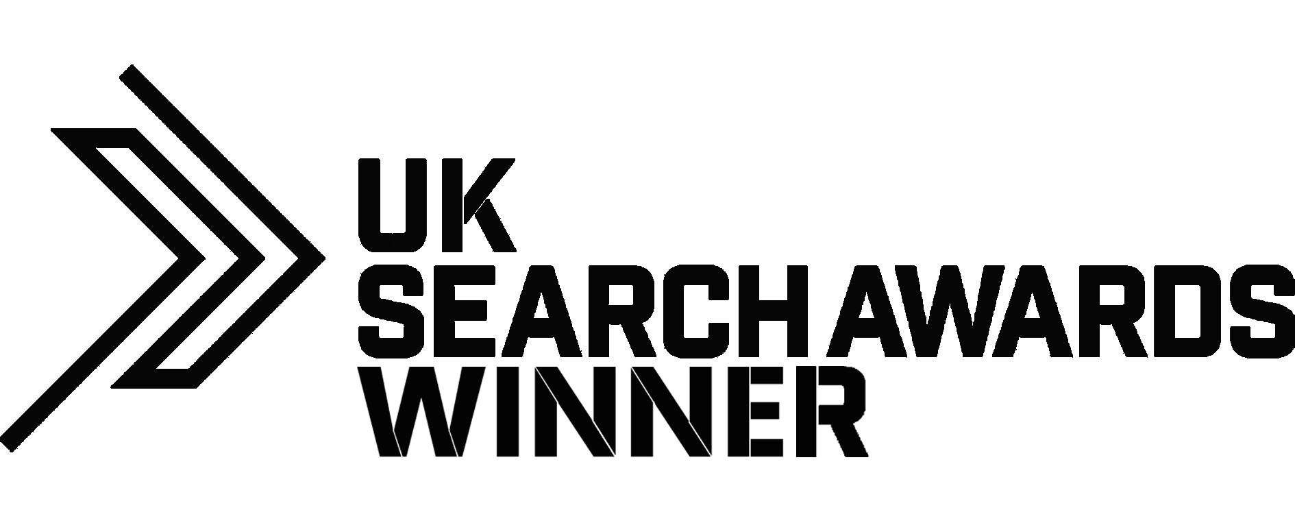 UK Search Awards Logo with black text and arrows pointing right.