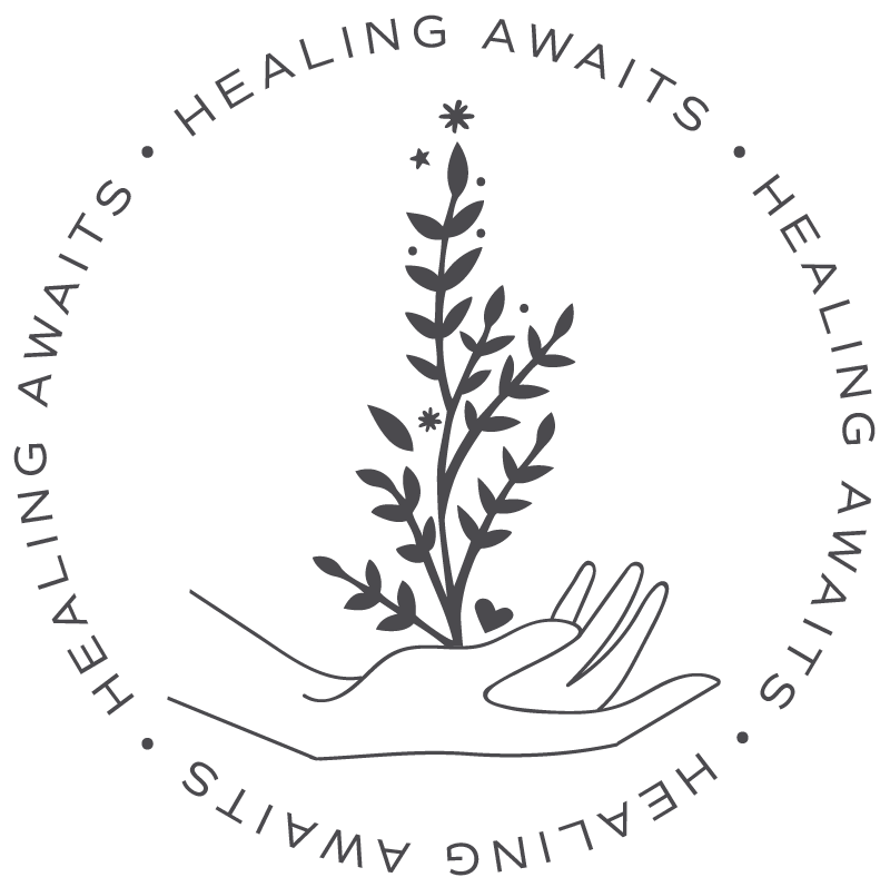 Logo for Healing Hands by Deanna, featuring a stylized flower surrounded by the text "Healing awaits" repeated in a circle.