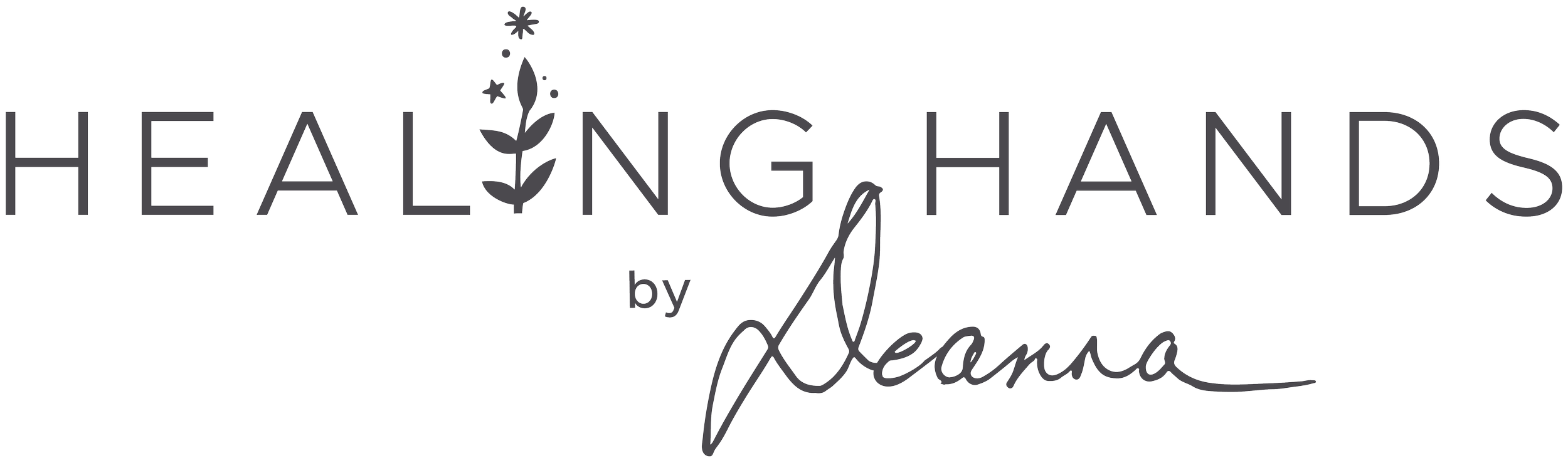 Logo for Healing Hands by Deanna, featuring a stylized flower integrated into the text.