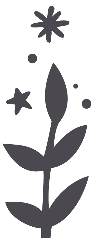 A simple, stylized illustration of a flower with a large blossom, leaves, small circles, and star-shaped accents.