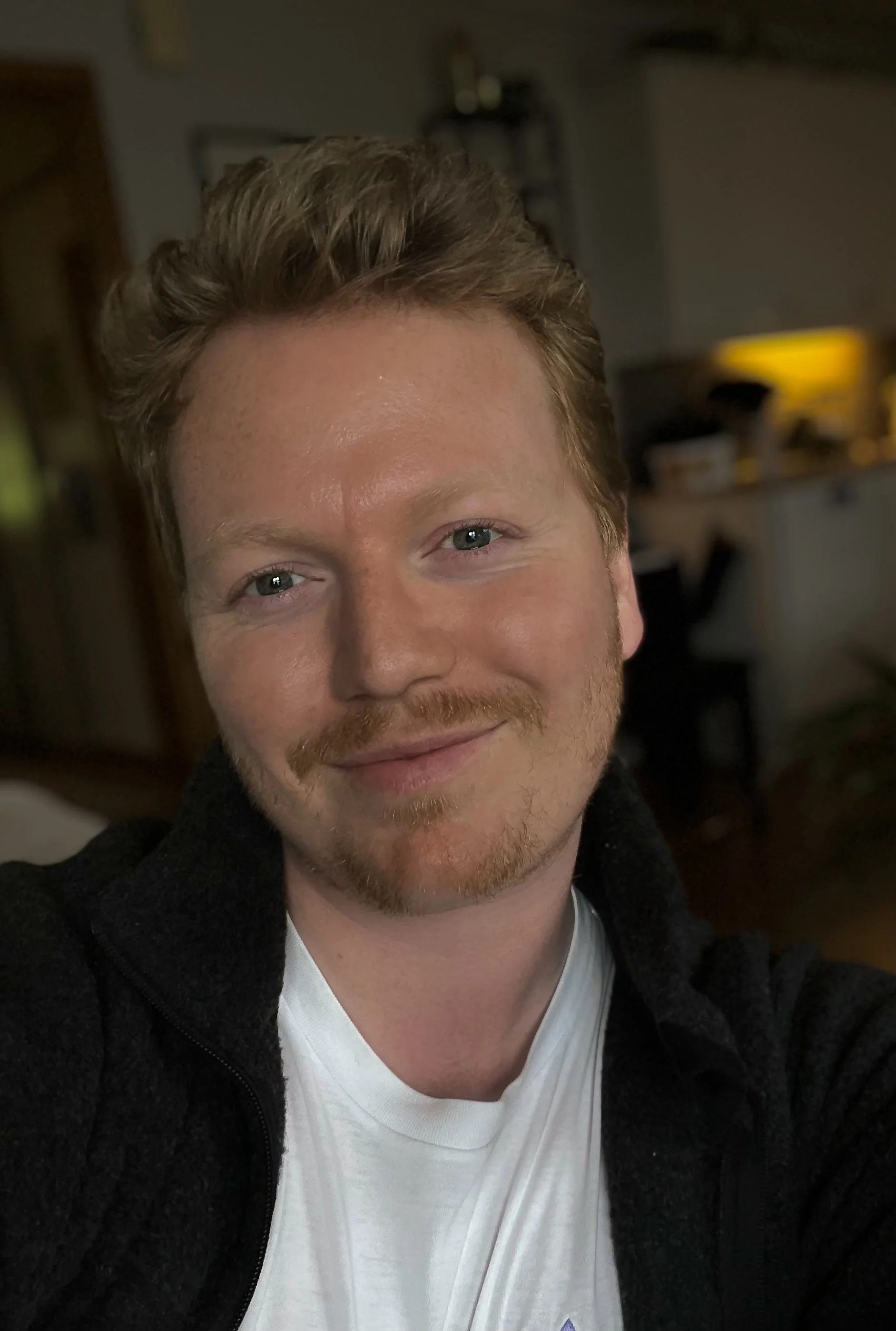 Et portrett av en mann med lyst hår, skjegg og et smil, som tar et selfie innendørs.