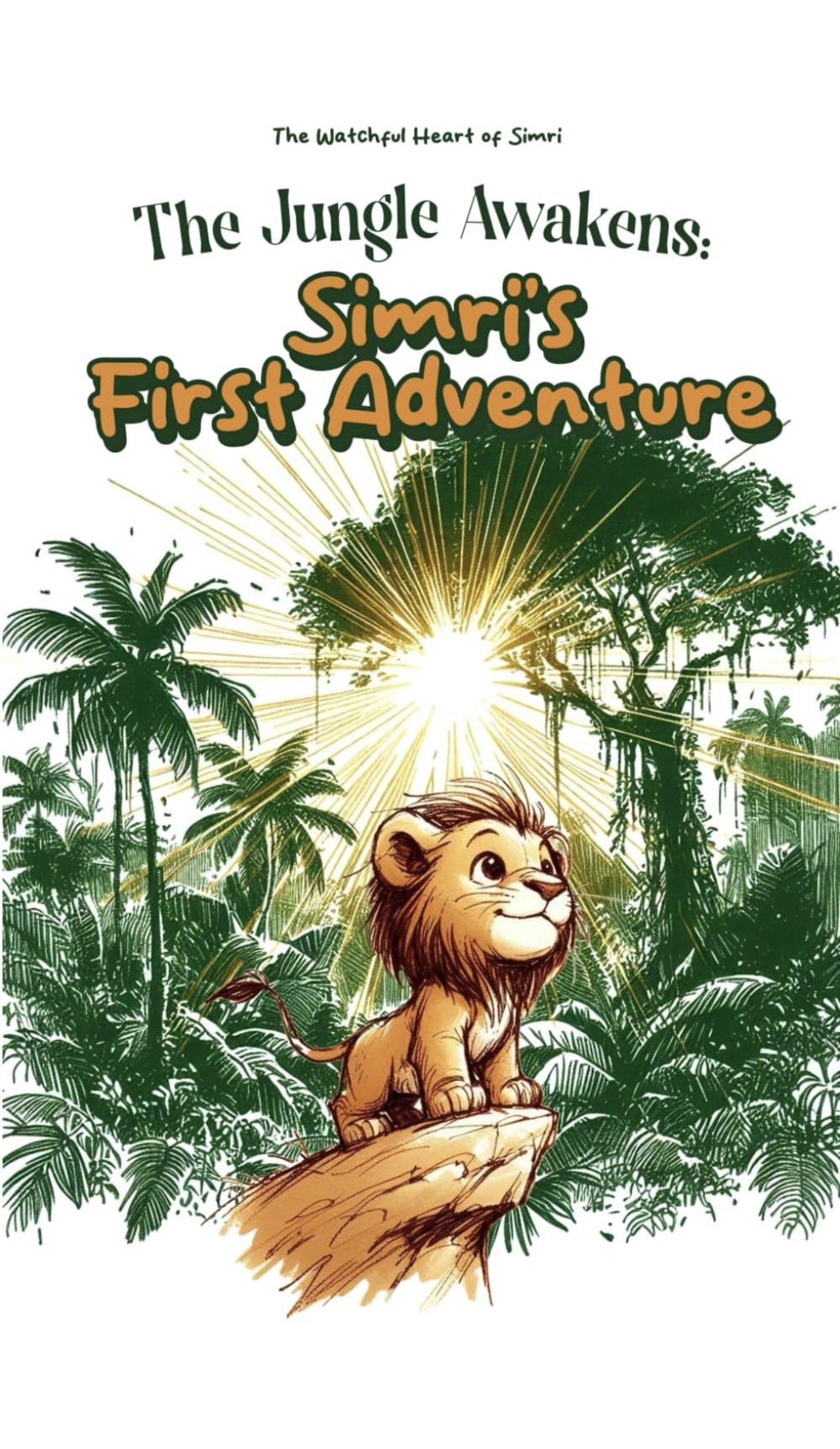 Book cover illustration featuring a cartoon lion cub on a tree branch in a jungle with dense trees and palm trees, a bright sunbeam in the background, and text titled 'The Jungle Awakens: Simri's First Adventure'.