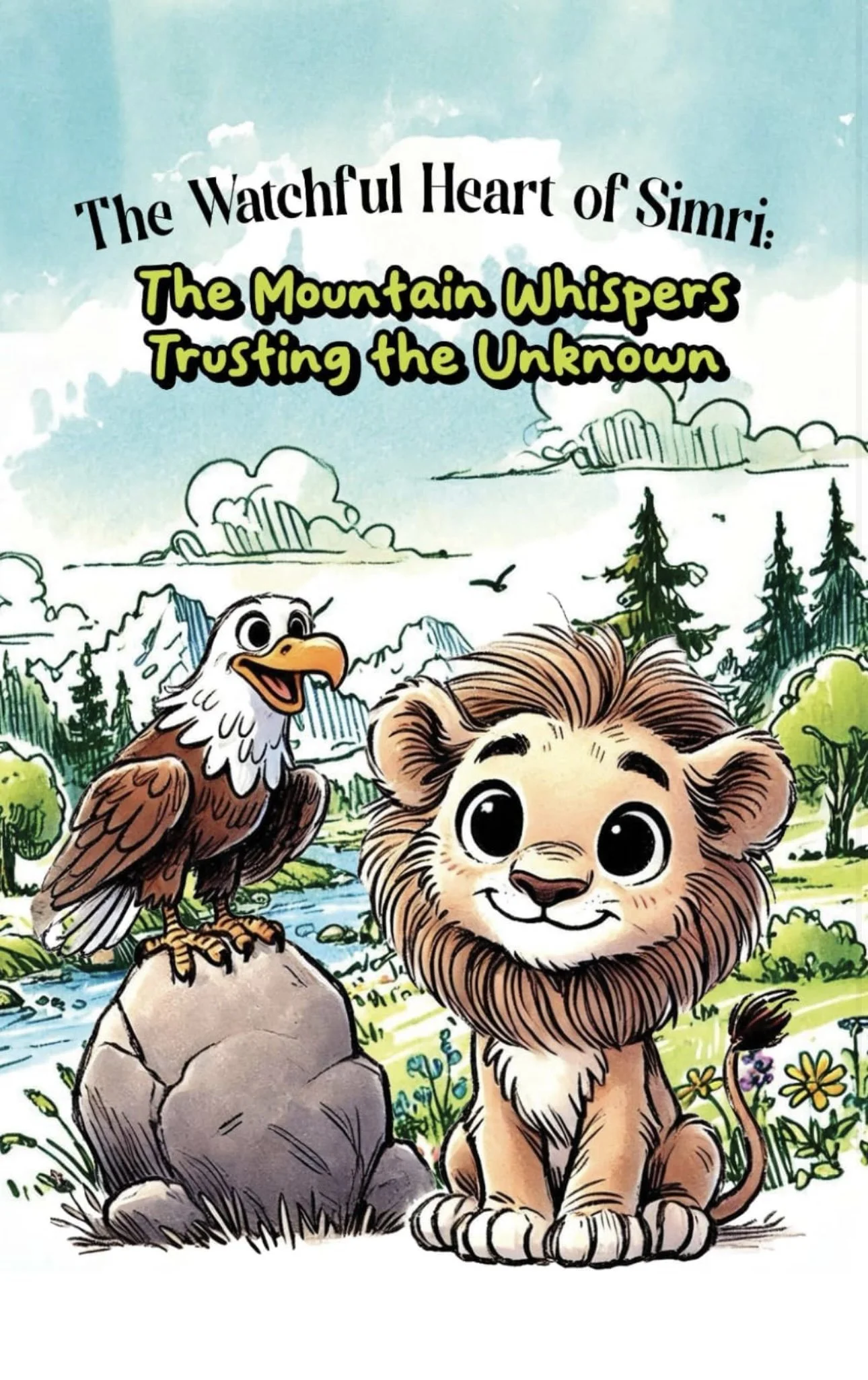 Cover of a children's book titled 'The Watchful Heart of Simri: The Mountain Whispers Trusting the Unknown'; features a cartoon lion cub sitting on the grass and a vulture perched on a rock in a mountain landscape with trees, river, and mountains in the background.