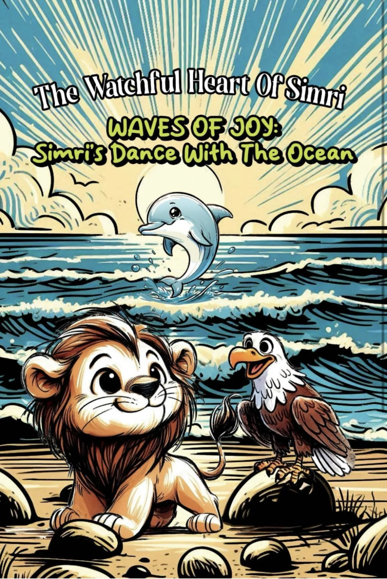 Cover illustration of a children's book titled 'The Watchful Heart of Simri: Waves of Joy: Simri's Dance with the Ocean.' It depicts a happy lion cub sitting on a rocky beach with a smiling eagle perched nearby. In the background, the ocean waves are crashing, and a dolphin is jumping out of the water against a beach and sky with a rising or setting sun.
