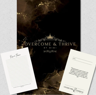 Book titled 'Overcome & Thrive' by Mimi, with two open notebooks or journals placed beside it, one with lined pages and the other with printed text and space for writing.