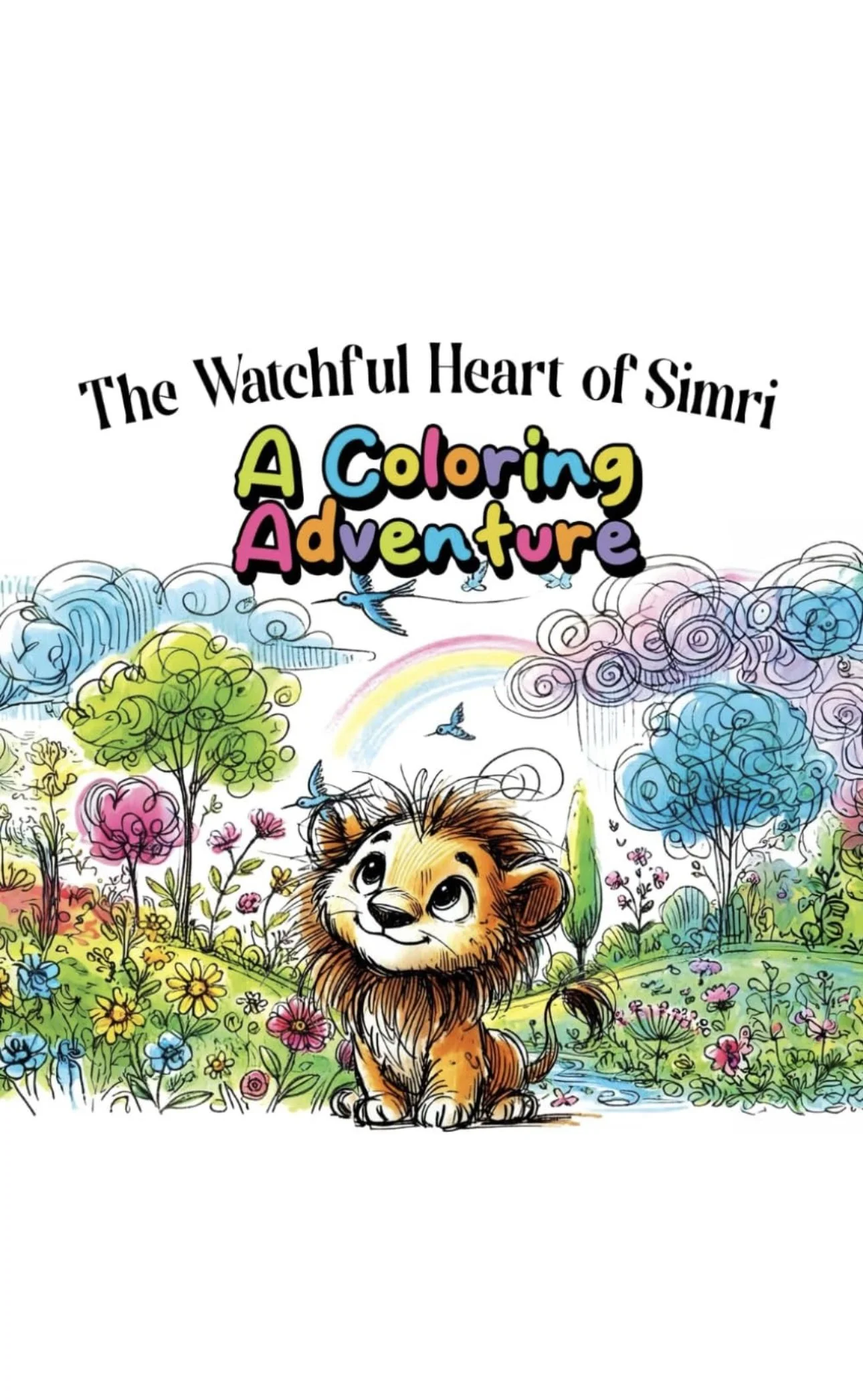 Coloring book cover titled 'The Watchful Heart of Simri: A Coloring Adventure' featuring a cartoon lion cub sitting in a colorful garden with trees, flowers, and birds, and a rainbow in the background.