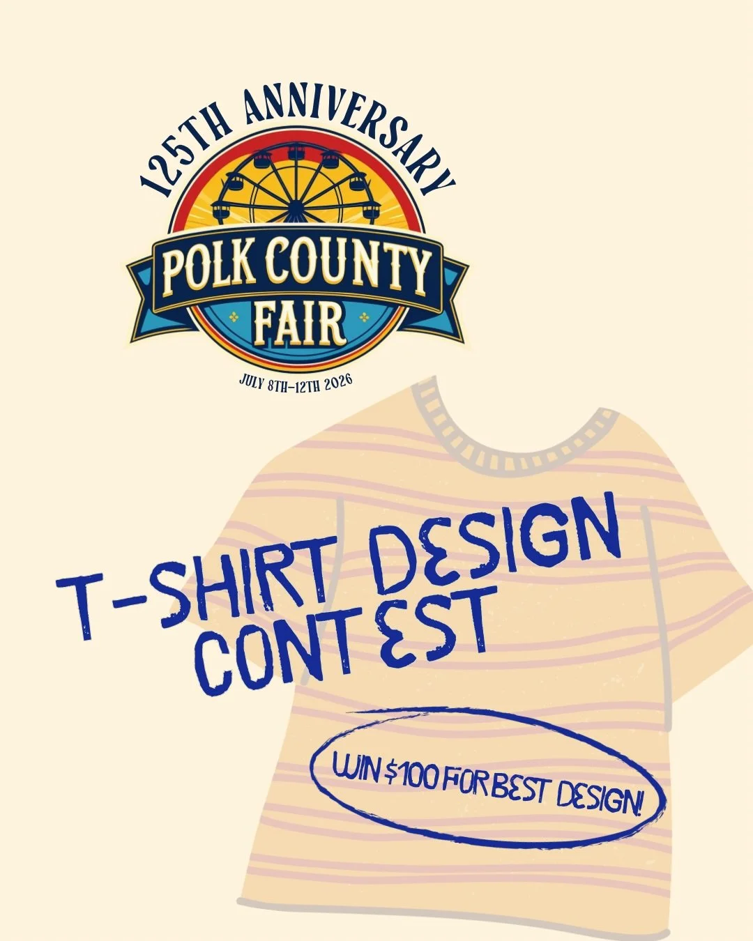 125TH POLK COUNTY FAIR ANNIVERSARY T-SHIRT CONTEST! 👕 We want to see YOUR designs &mdash; enter to be the designer our t-shirt this year! 

Visit our website and fill out the form &ldquo;125th T-Shirt Design Contest.&rdquo; File upload must be 300dp