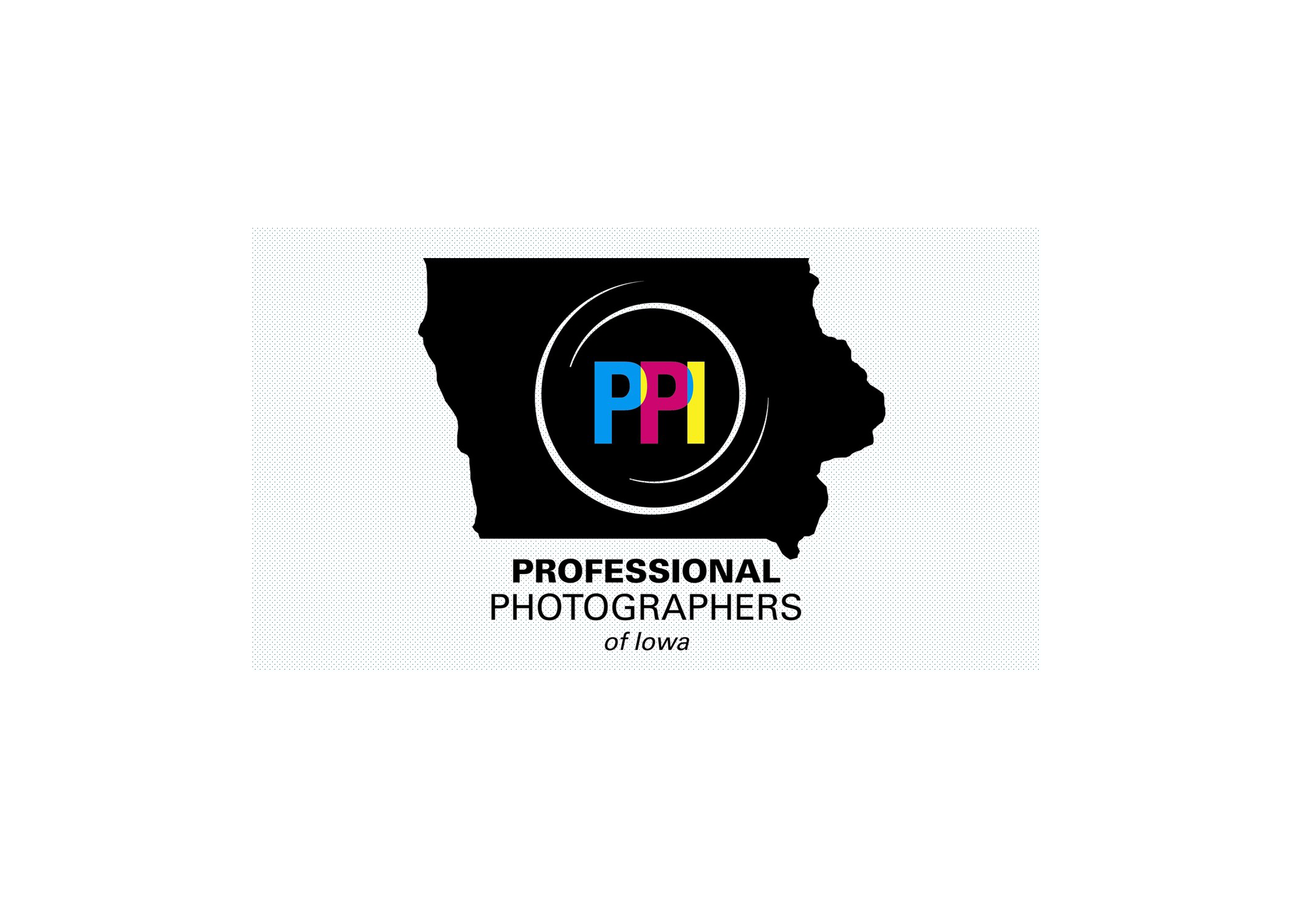 Logo for professional photographers of Iowa featuring a black silhouette of the state outlined in white with colorful initials PPI in blue, pink, and yellow, and text below reading 'PROFESSIONAL PHOTOGRAPHERS of Iowa'.