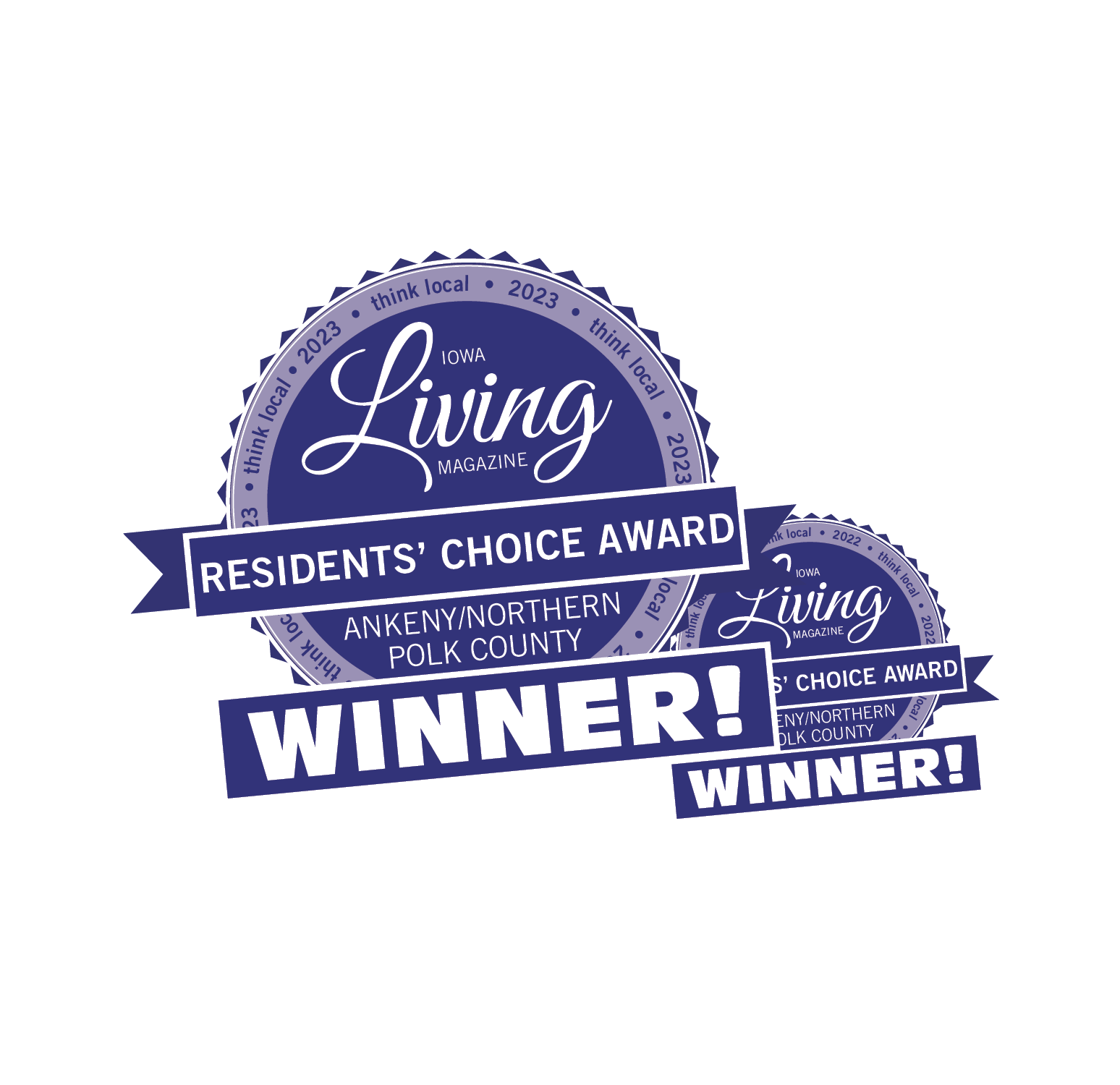 Multiple blue ribbons with white text indicating winners of the Residents' Choice Award from Living Iowa Magazine for Ankeny/Northern Polk County in 2023, with a large congratulatory message