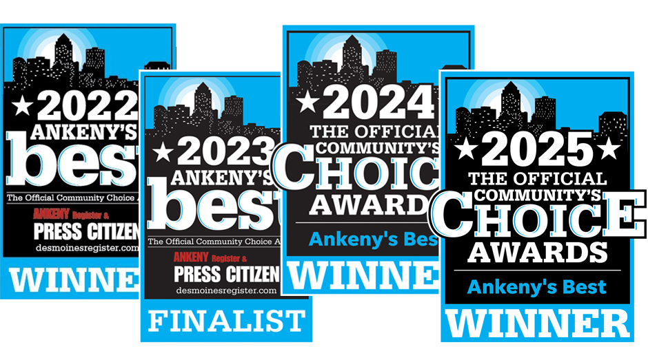 A series of award badges for Ankeny's Best Community Choice Awards from 2022 to 2025, showing winners, finalists, and the official choice in black, white, blue, and red colors, with a city skyline silhouette in the background.