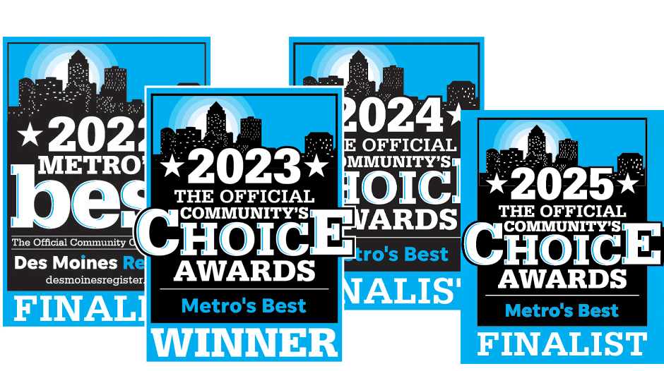 Multiple award banners for the 2023, 2024, and 2025 Metro's Best Choice Awards from Des Moines Register, featuring a city skyline graphic with black buildings and a blue background.