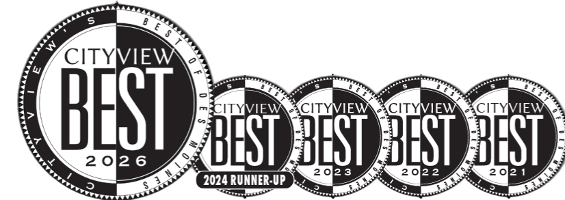 Set of five circular badges recognizing Cityview as Best in Des Moines from 2021 to 2026, with the largest badge indicating 2026 and the others showing runner-up statuses from previous years.