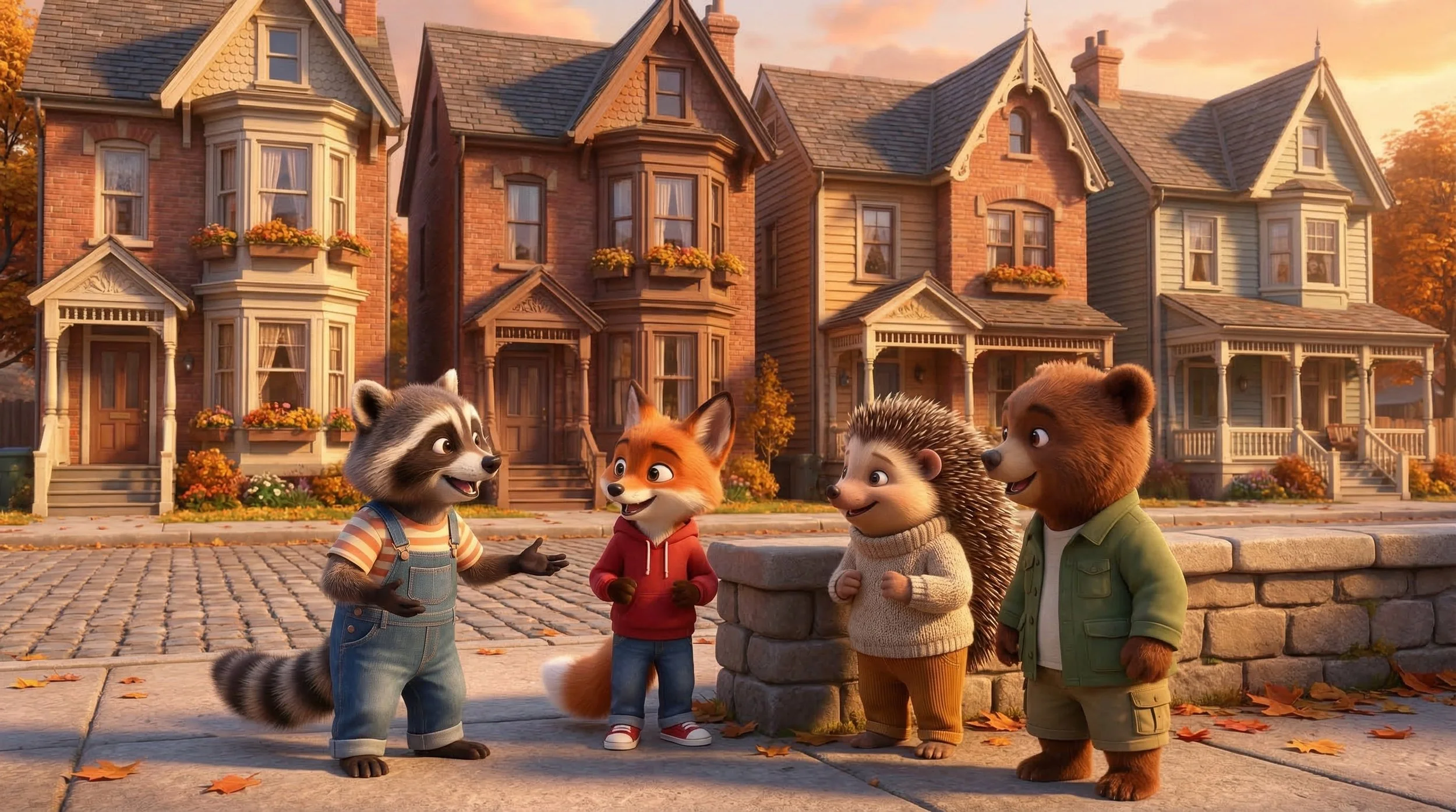 Animated raccoon, fox, hedgehog, and bear talking on a street in front of colorful autumn houses.