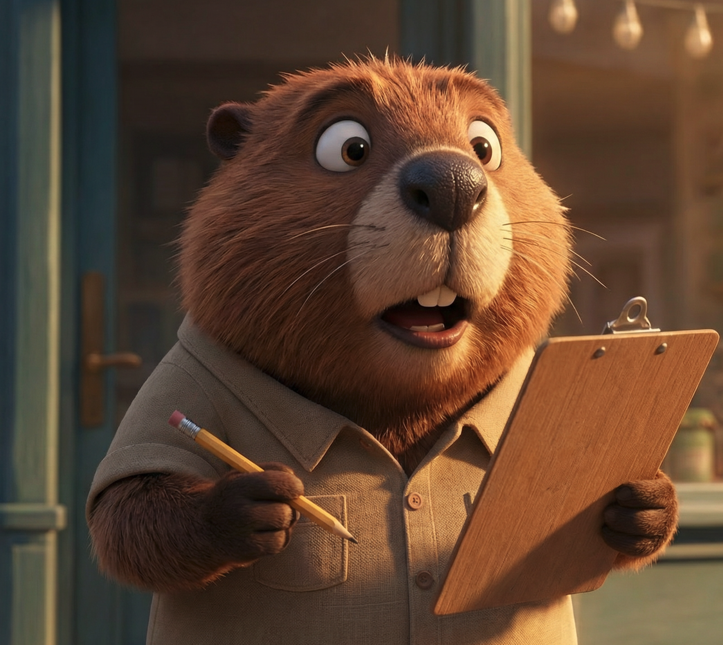 Animated bear character holding a pencil and a clipboard, wearing a beige shirt, with a surprised or curious expression.