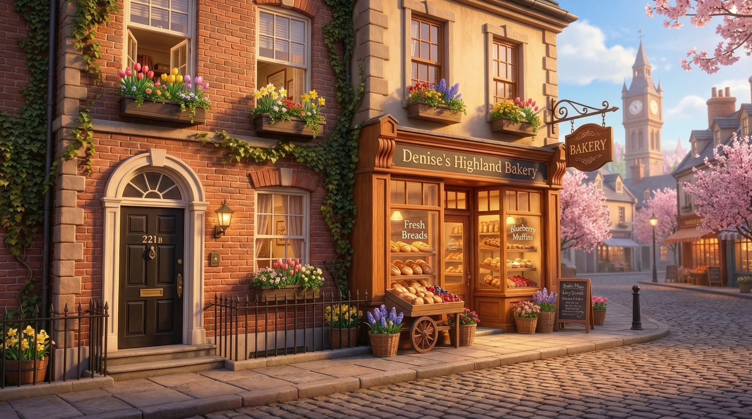 A cozy bakery on a cobblestone street during spring, with pink cherry blossom trees and a clock tower in the background. The bakery, named Denise's Highland Bakery, has a display window with baked goods, flowers, and a chalkboard menu outside.