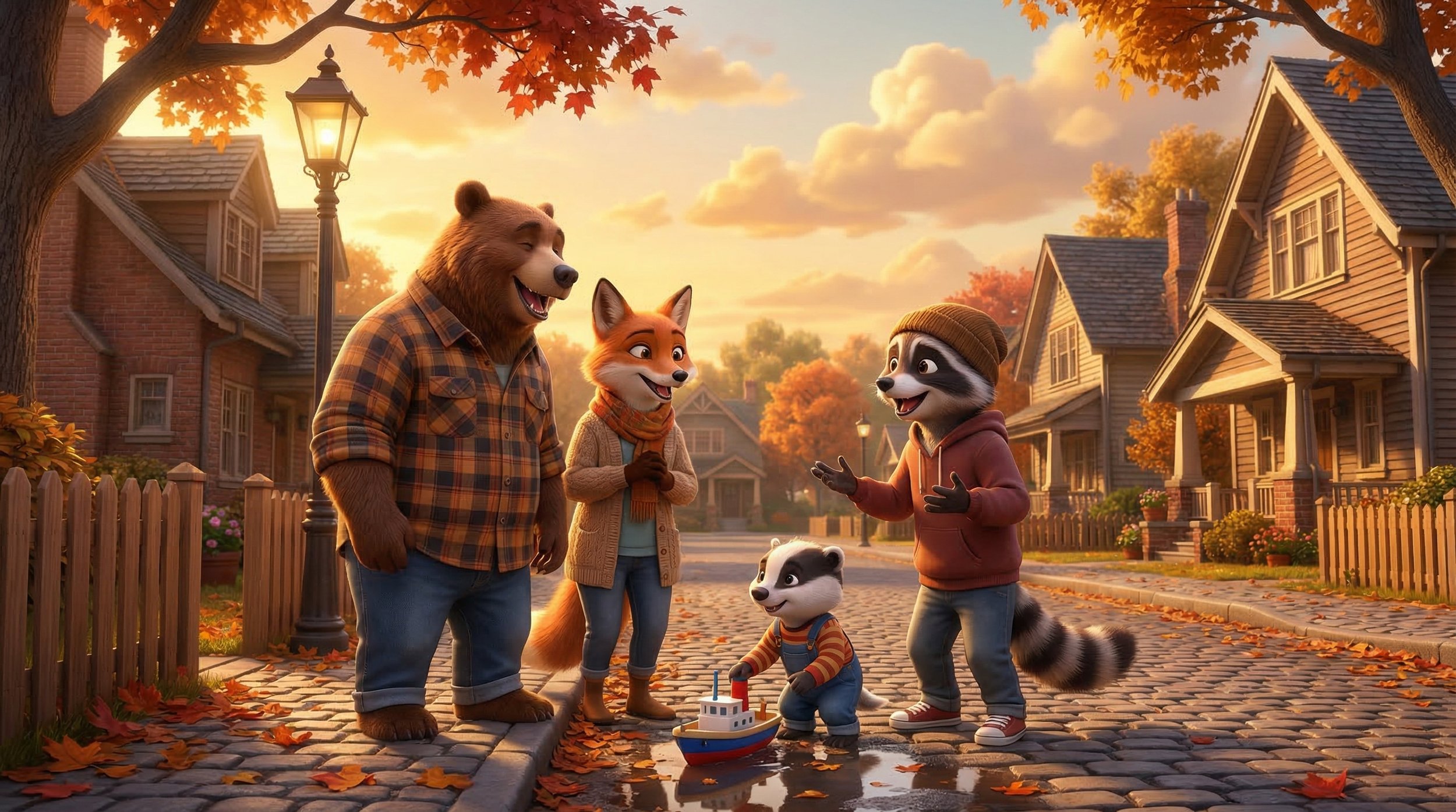Animated scene of four anthropomorphic animals, including a bear, fox, raccoon, and a small dog, standing on a cobblestone street in autumn. They are talking and smiling, with fallen leaves on the ground and houses with porch and trees with orange le