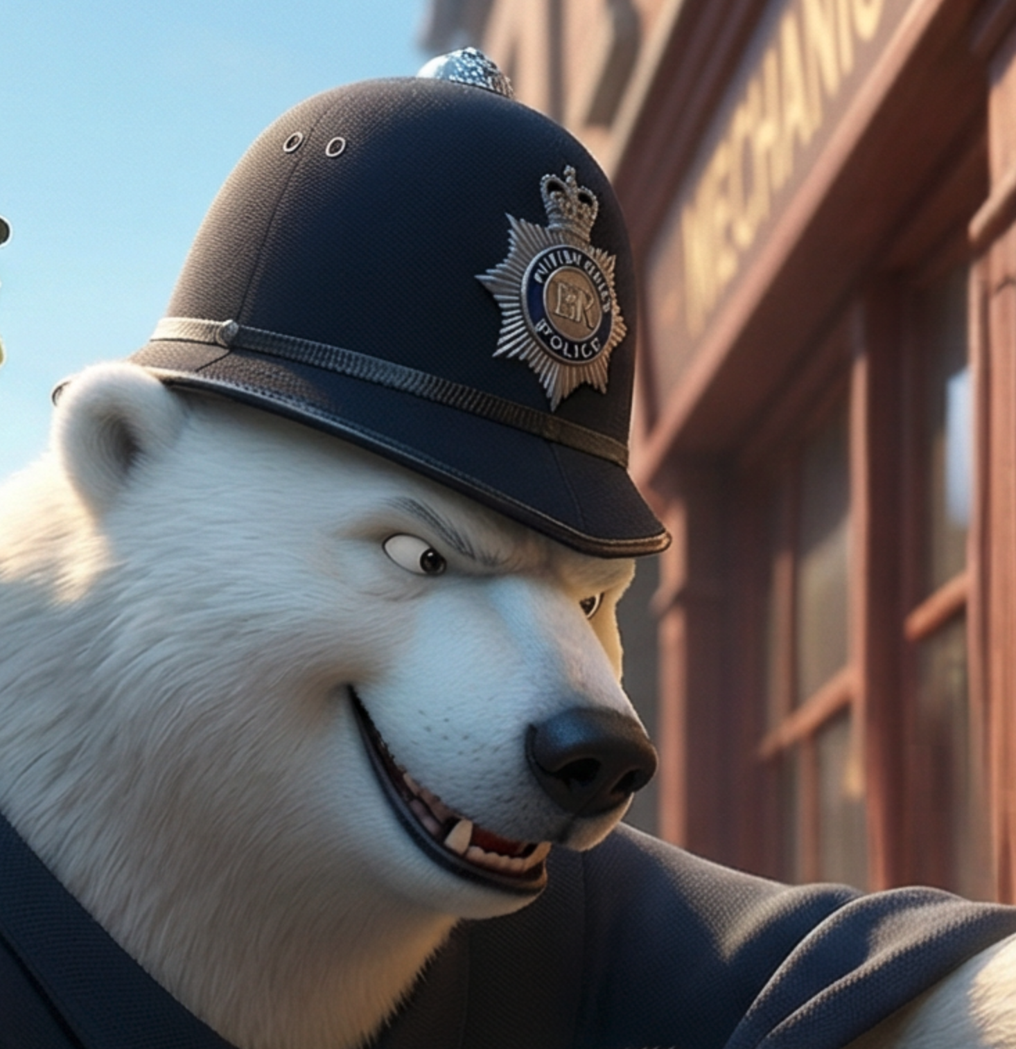 Animated white husky dog dressed as a police officer, wearing a police cap with a badge, standing outside near a wooden building.