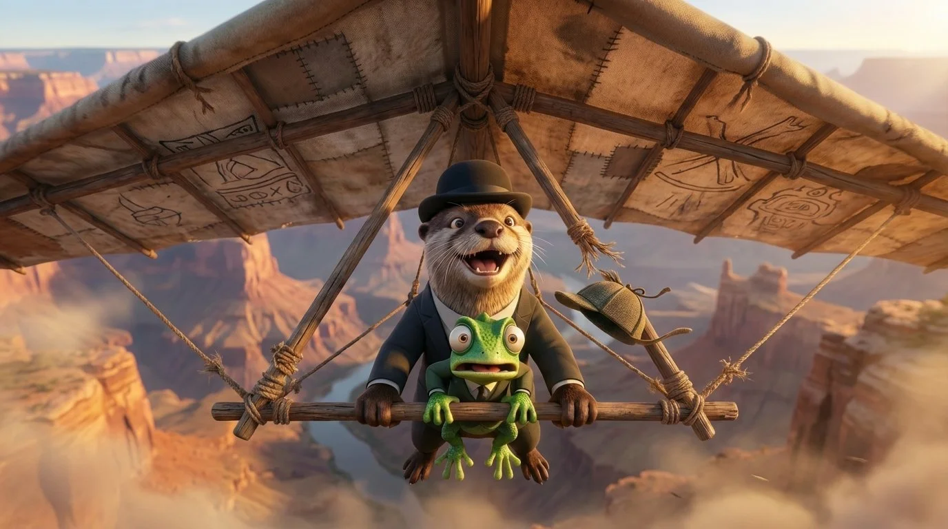 Animated lion and frog riding in a homemade kite over the Grand Canyon at sunset, with the lion dressed in a suit and a bowler hat, and the frog wearing a tuxedo.