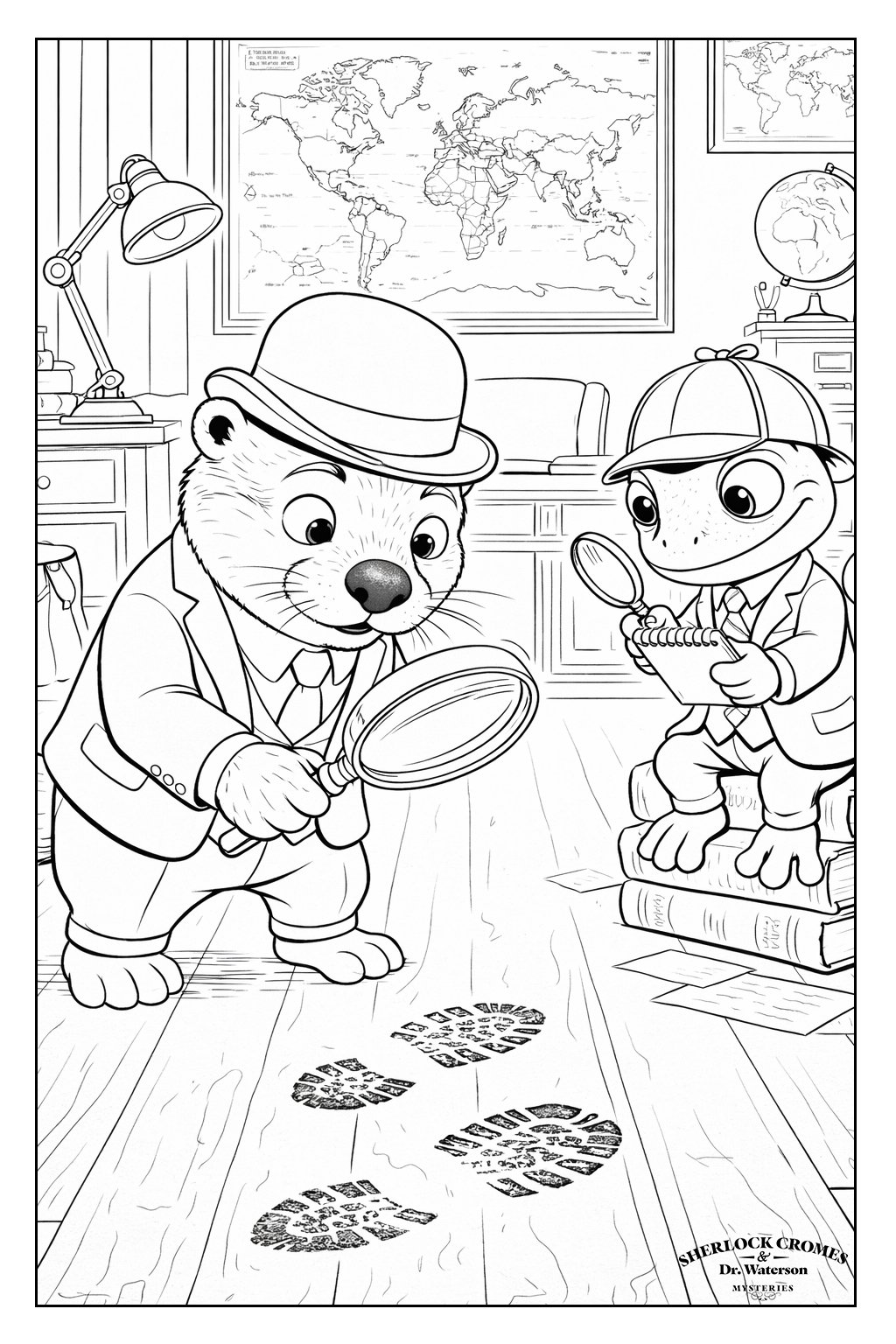  A line drawing of Detective Sherlock Cromes and Dr. Waterson Detectives both appearing excited. Clouds and distant mountains are visible below. The office has a world map on the wall, a globe, books, a desk lamp, and shelves.