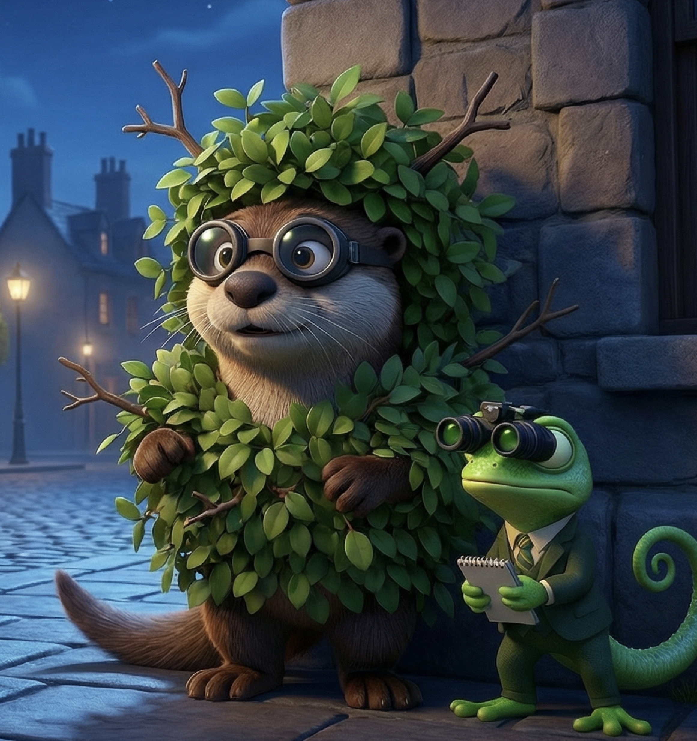 A animated owl and a chameleon wearing glasses, the owl is wearing a costume made of leaves and small branches, set in a night scene with city buildings and streetlights in the background.