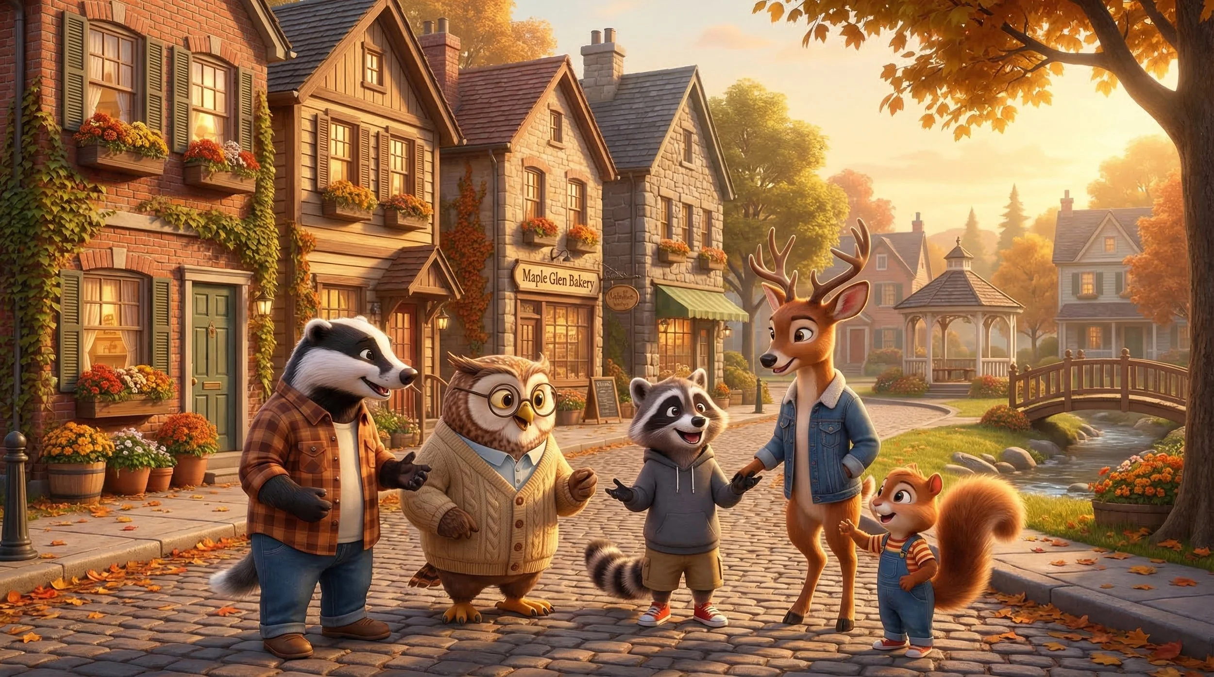 Animated group of animals, including a raccoon, a deer, a skunk, an owl, a fox, and a squirrel, standing on a cobblestone street in a fall setting with houses, trees, and a small bridge in the background.