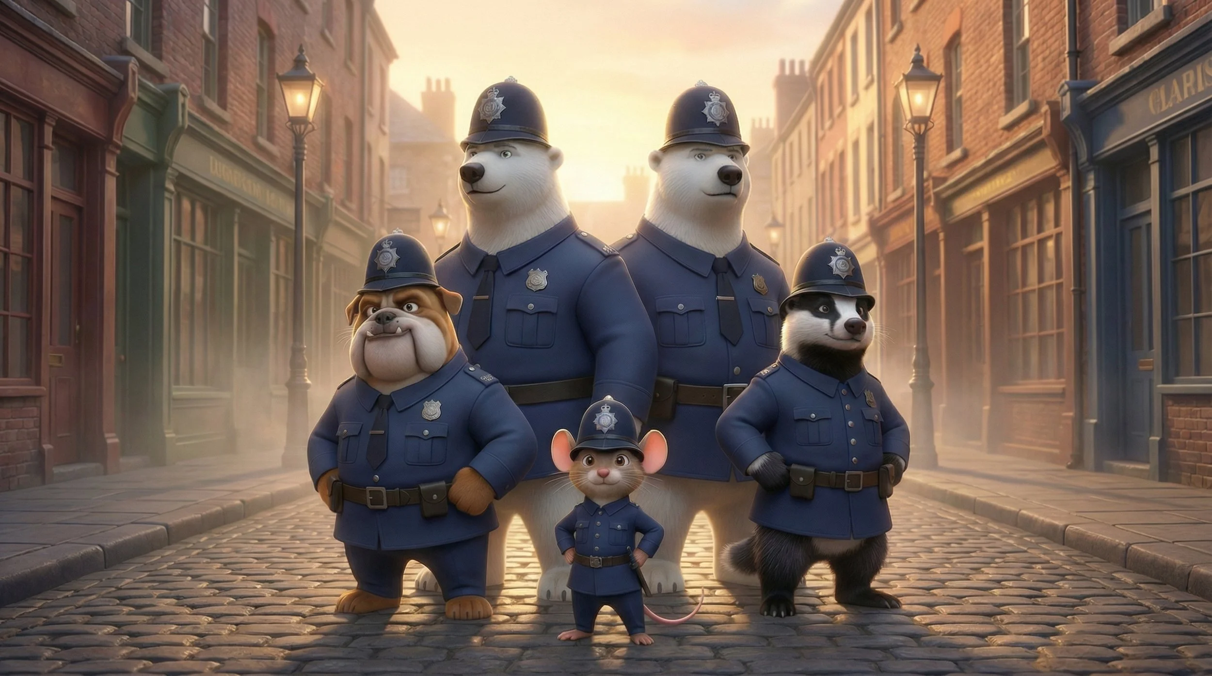 Maple Glen police officers polar bear badger mouse on cobblestone street night scene Sherlock Cromes animated mystery series