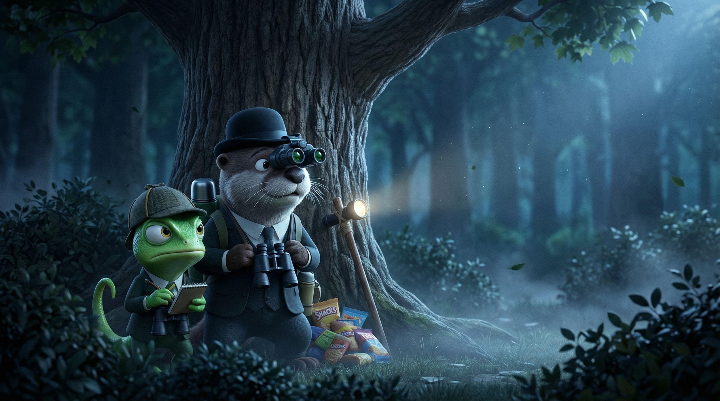 Sherlock Cromes and Dr. Waterson investigating mysterious forest at night with binoculars Maple Glen mystery series
