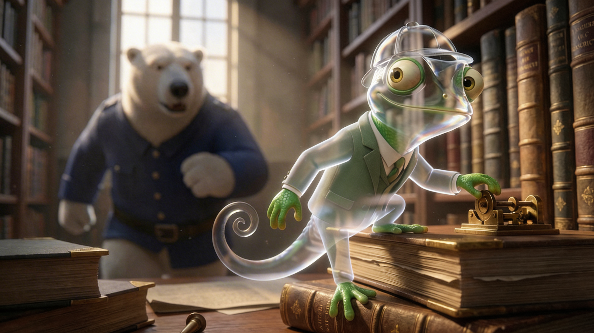 An animated chameleon in a suit using a typewriter in a library, with a bear in a blue button-up shirt running behind him.