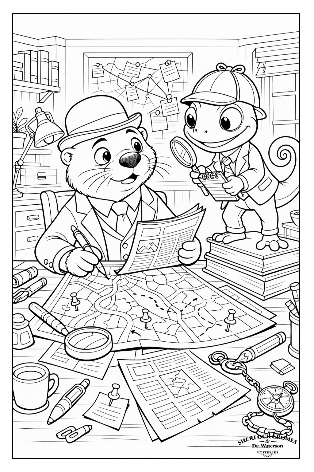Coloring page of Sherlock Cromes and Dr. Waters. The room has shelves filled with books, a bulletin board with pinned notes, and a window with blinds.
