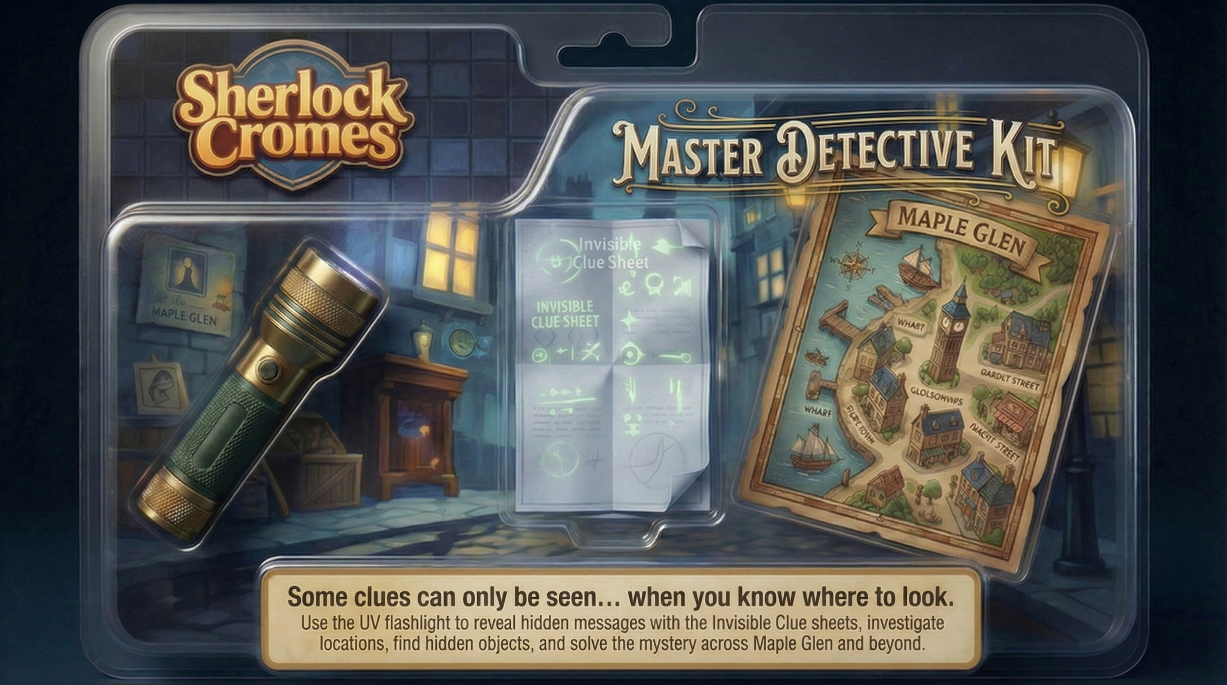Sherlock Cromes Master Detective Kit UV flashlight invisible clue sheets Maple Glen mystery play set kids toy