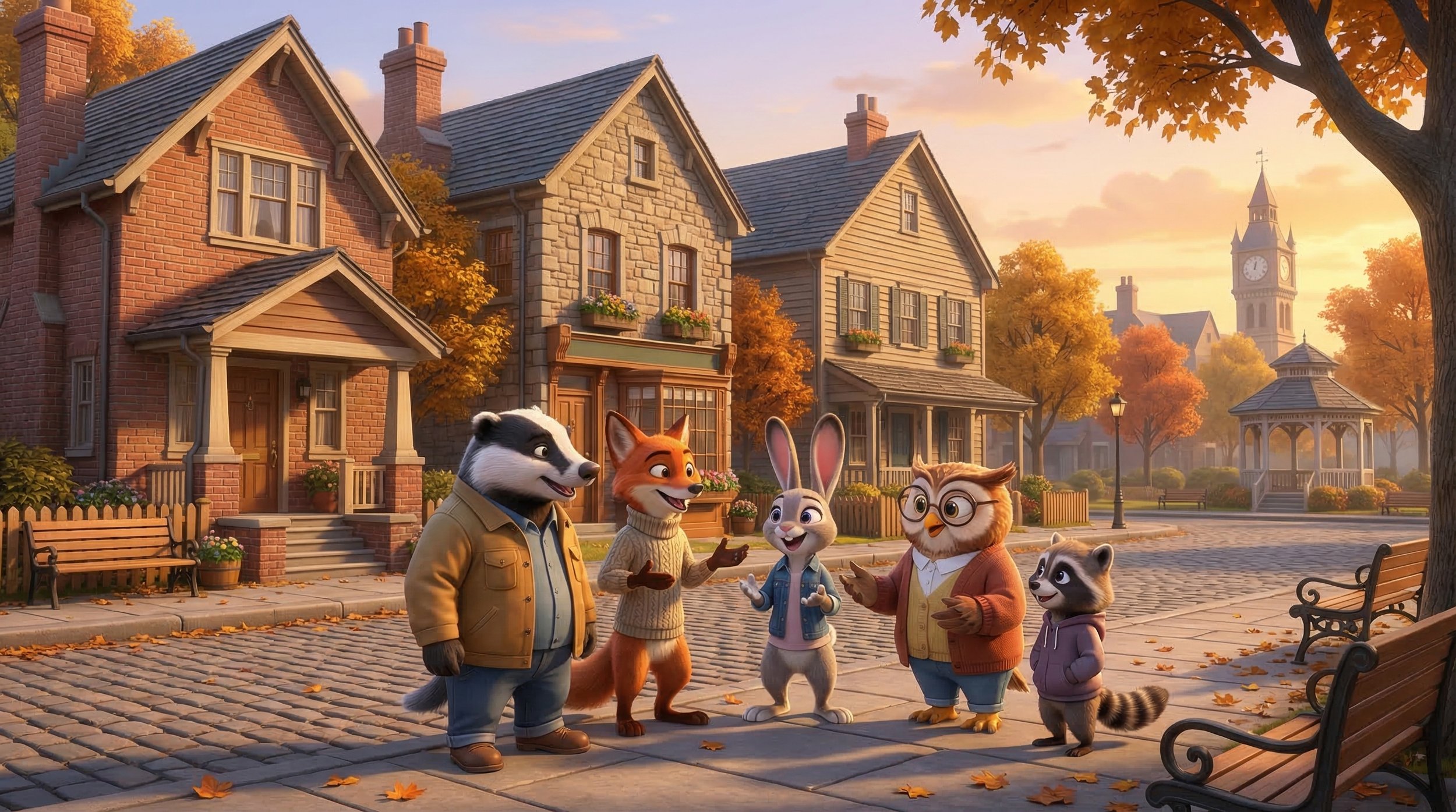 Animated scene of six animal characters talking in a park during autumn, with colorful fall trees, benches, a gazebo, and a clock tower in the background.