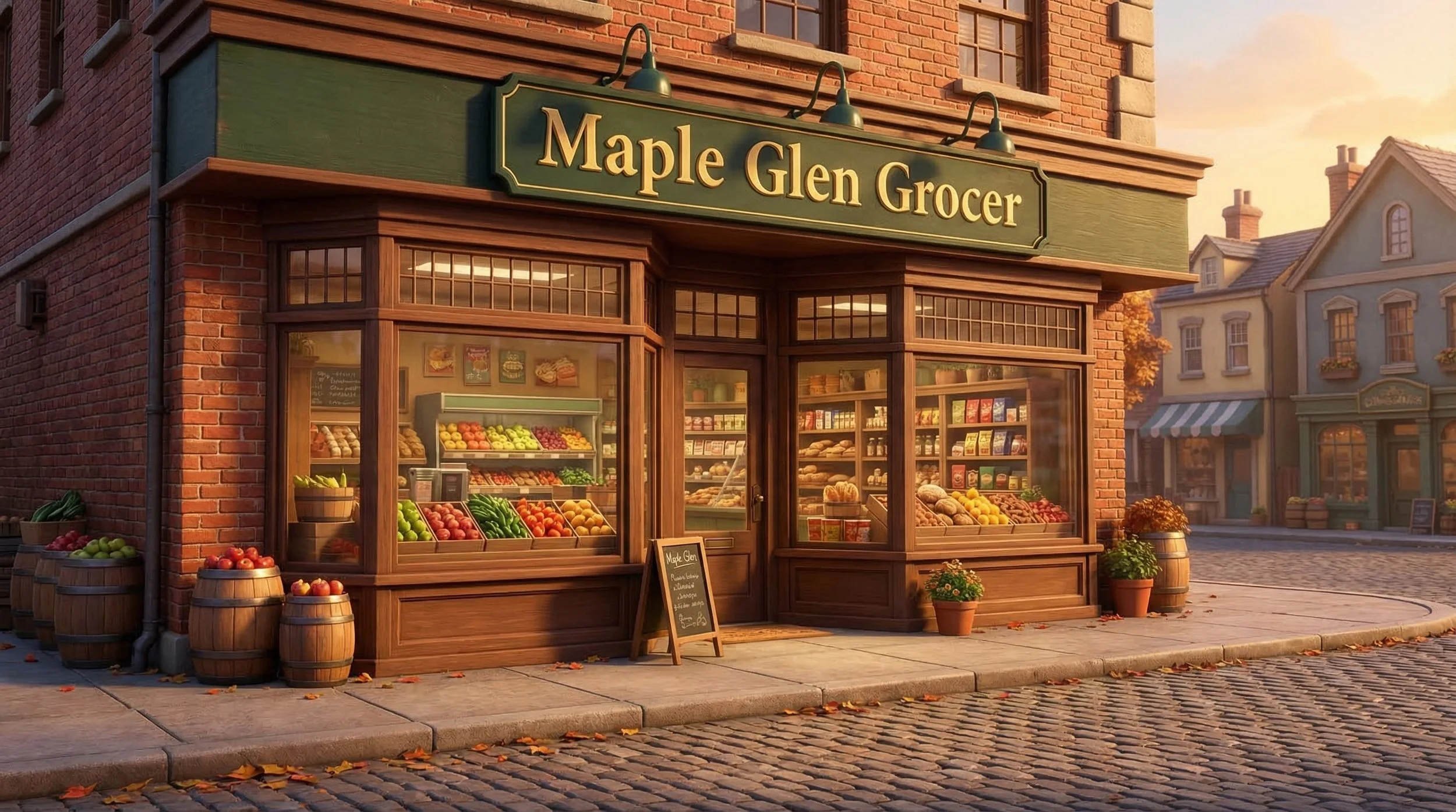 Exterior view of Maple Glen Grocer, a small town grocery store with large front windows displaying fresh fruits, vegetables, and baked goods, in a quaint neighborhood at sunset.