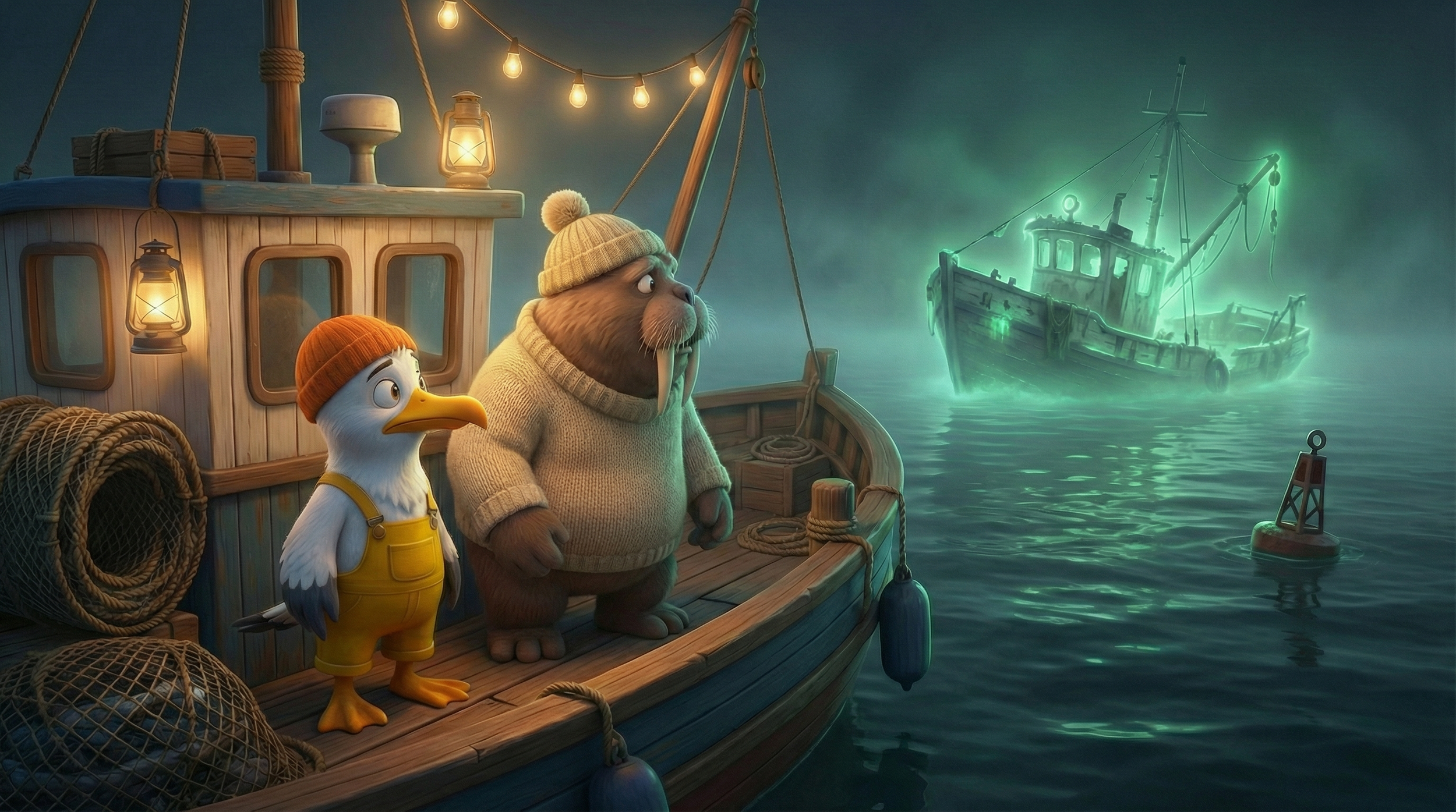 A cartoon seagull and a bear standing on a wooden boat at night, with fishing nets and lanterns. In the background, there's a glowing, green-lit fishing boat on water and fog, with a floating buoy nearby.