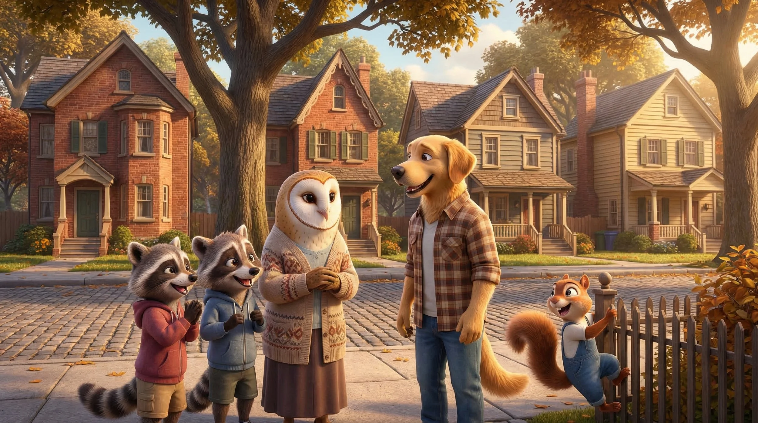 Animated scene of a dog with four animals including two raccoons, an owl, and a chipmunk, standing on a sidewalk in front of colorful suburban houses during autumn.