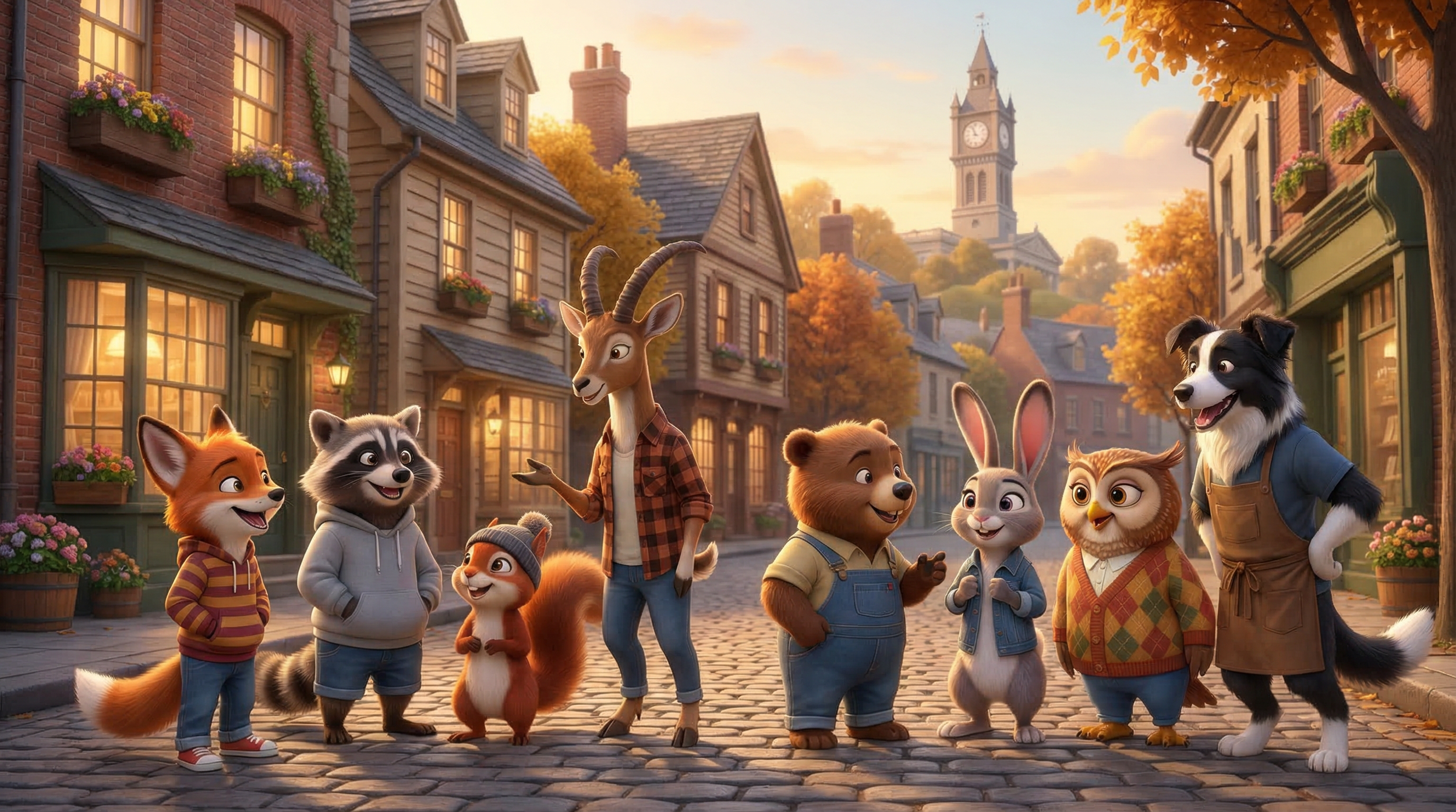 Animated group of animals and a human kid standing on a cobblestone street in a town with brick and wooden buildings, trees with autumn leaves, and a clock tower in the background, during sunset.