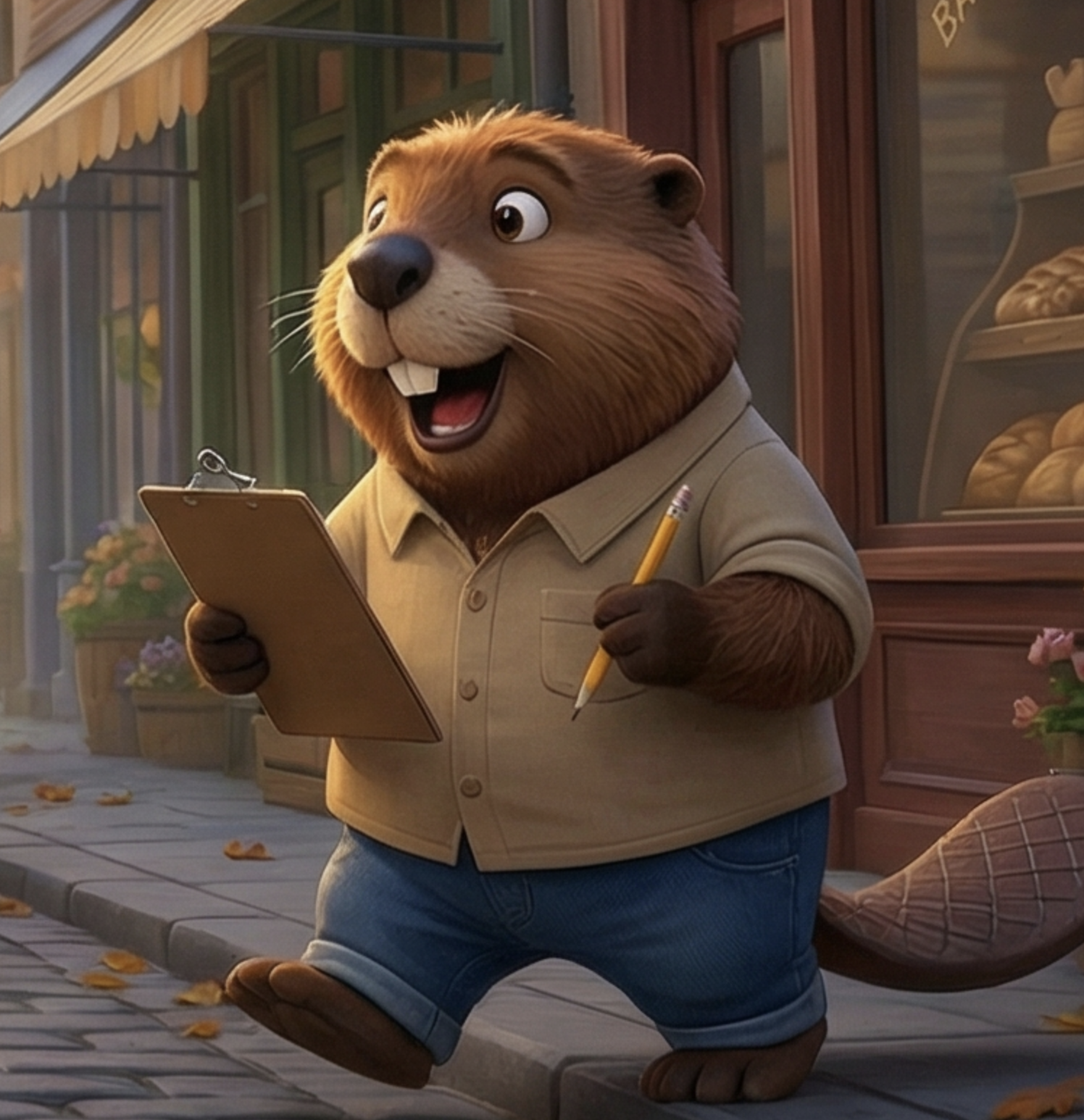 A cartoon beaver standing on a city sidewalk, holding a clipboard and a pencil, smiling and talking, with a bakery in the background.