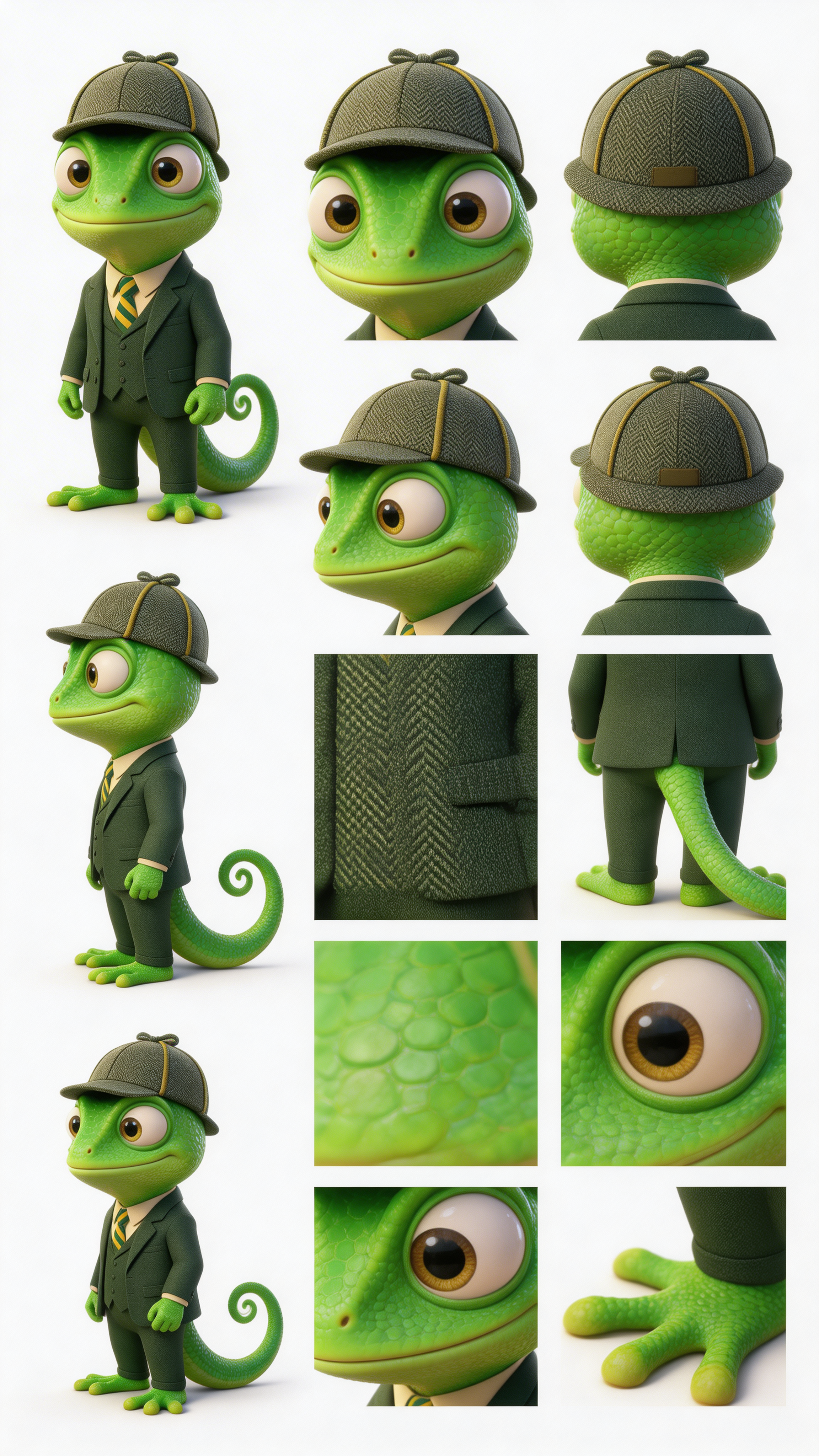 Sherlock Cromes chameleon detective character turnaround sheet multiple angles deerstalker hat dark suit original animated IP design