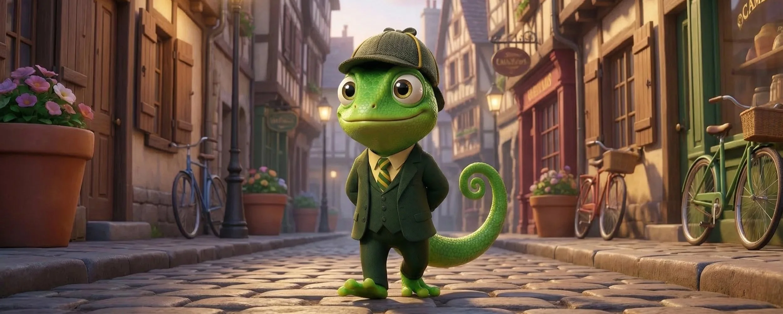 Sherlock Cromes chameleon detective standing on Maple Glen cobblestone street wearing deerstalker hat and dark suit animated mystery series for kids
