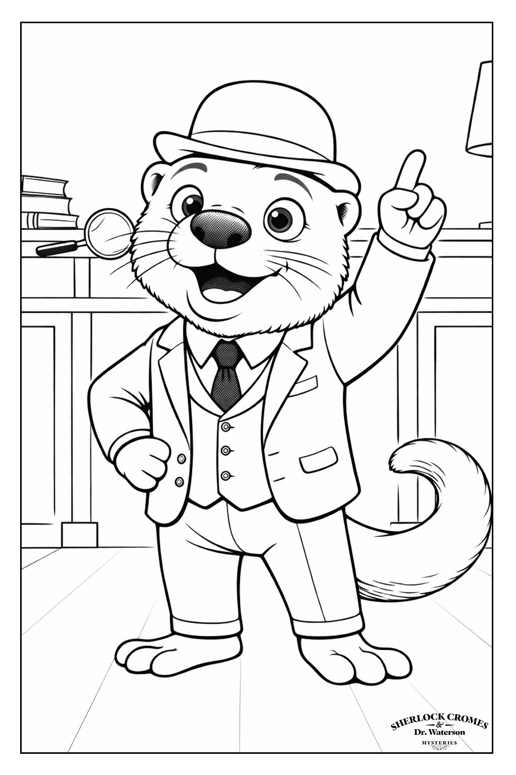 Dr. Watersonr dressed as a detective, wearing a suit, tie, and fedora hat, standing in an office with books and a lamp in the background, and raising one paw with an index finger pointed up.