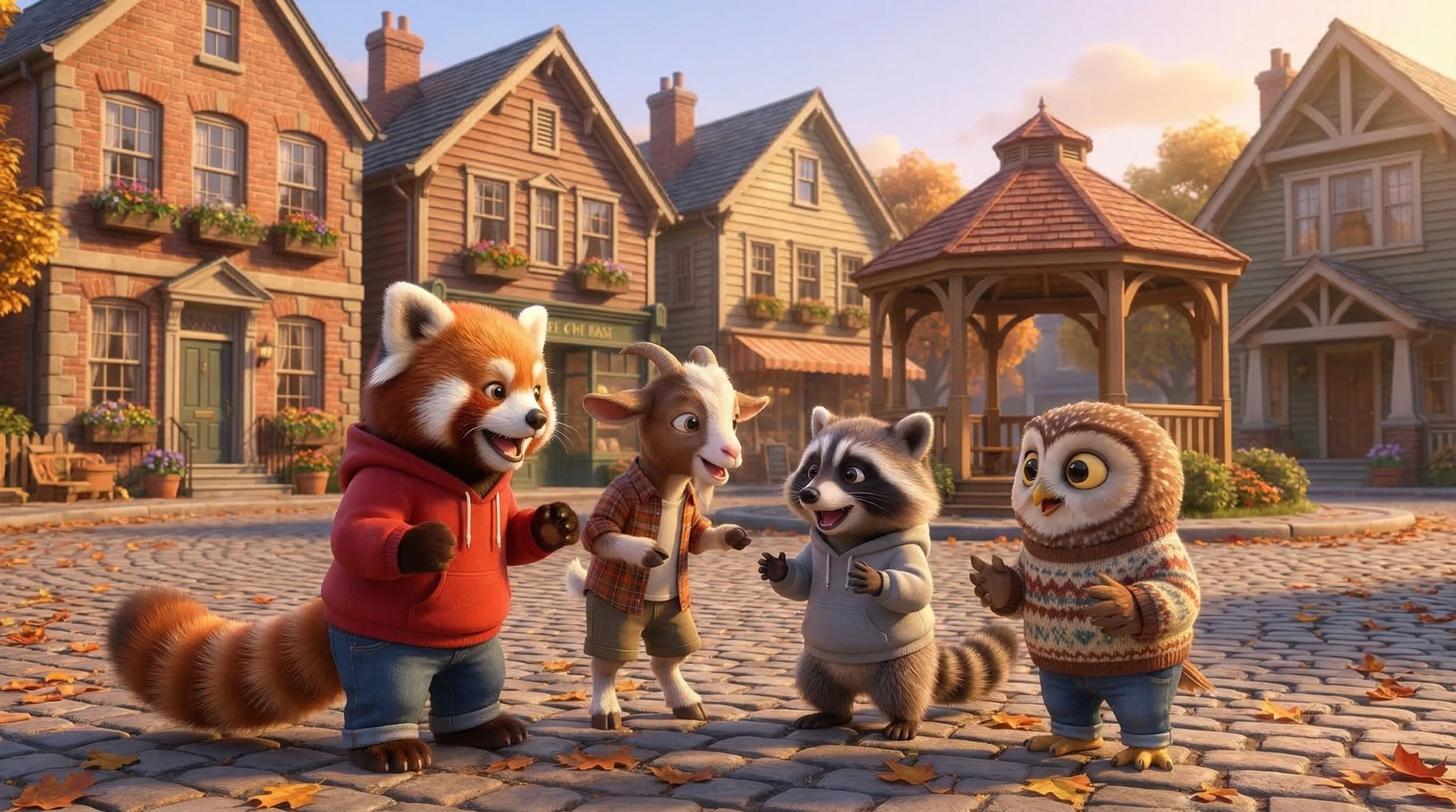Four animated anthropomorphic animals—a red panda, a goat, a raccoon, and an owl—stand on a cobblestone street in a small town. The background shows colorful autumn trees, brick and wooden houses, and a gazebo, suggesting fall scenery.
