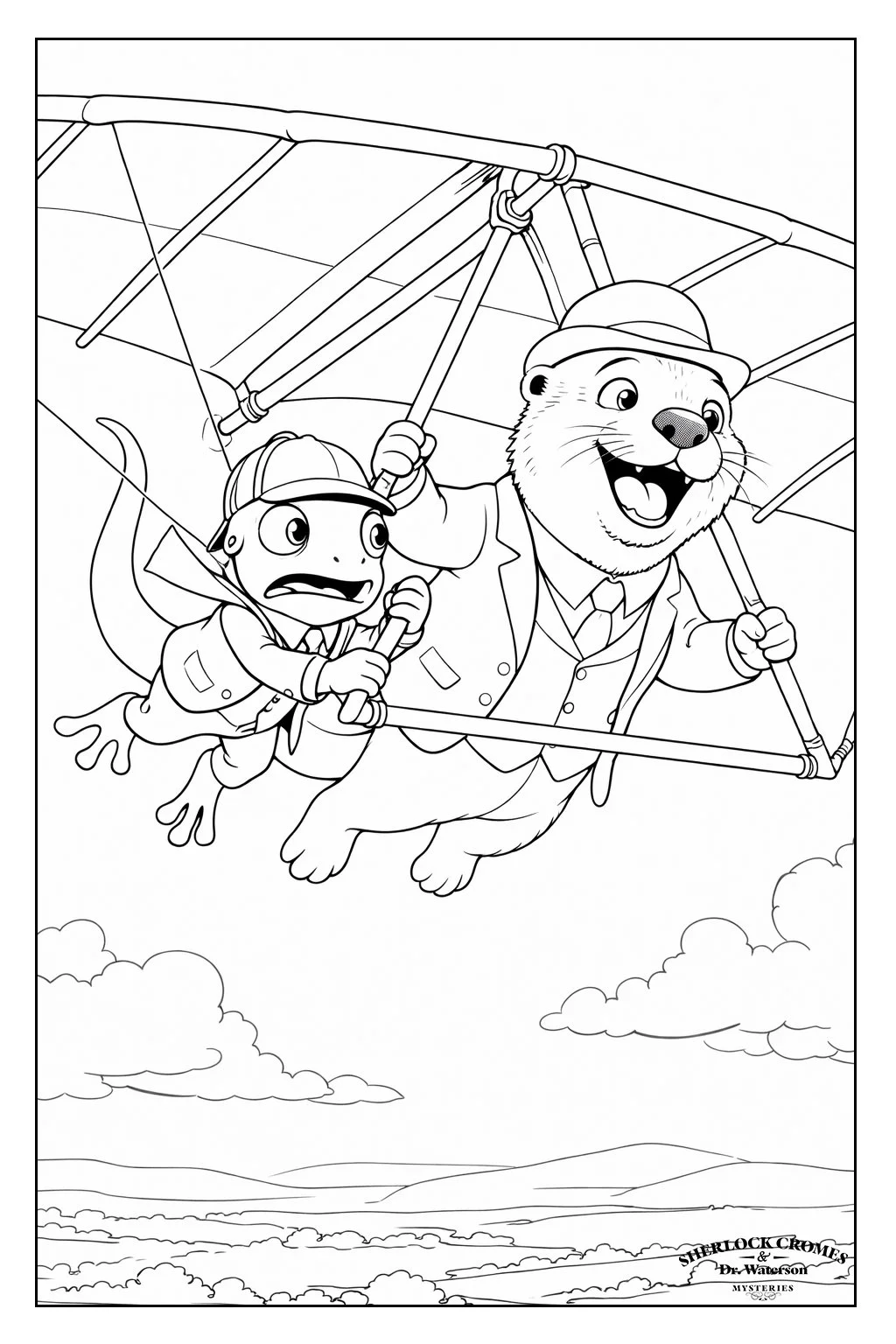 Detective Sherlock Cromes and Dr. Waterson Detectives both excited. Clouds and distant mountains are visible below.