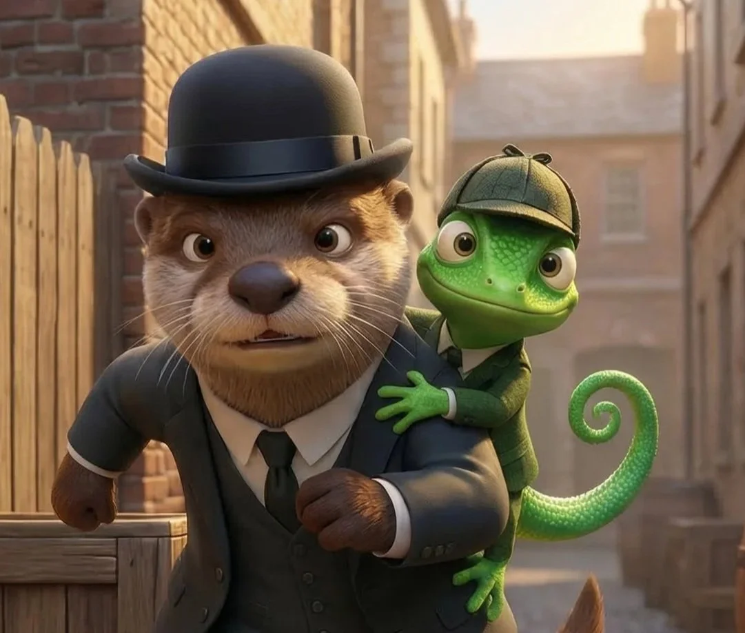 Animated otter in a suit and bowler hat running with a chameleon in a detective outfit on his shoulder in an alleyway.