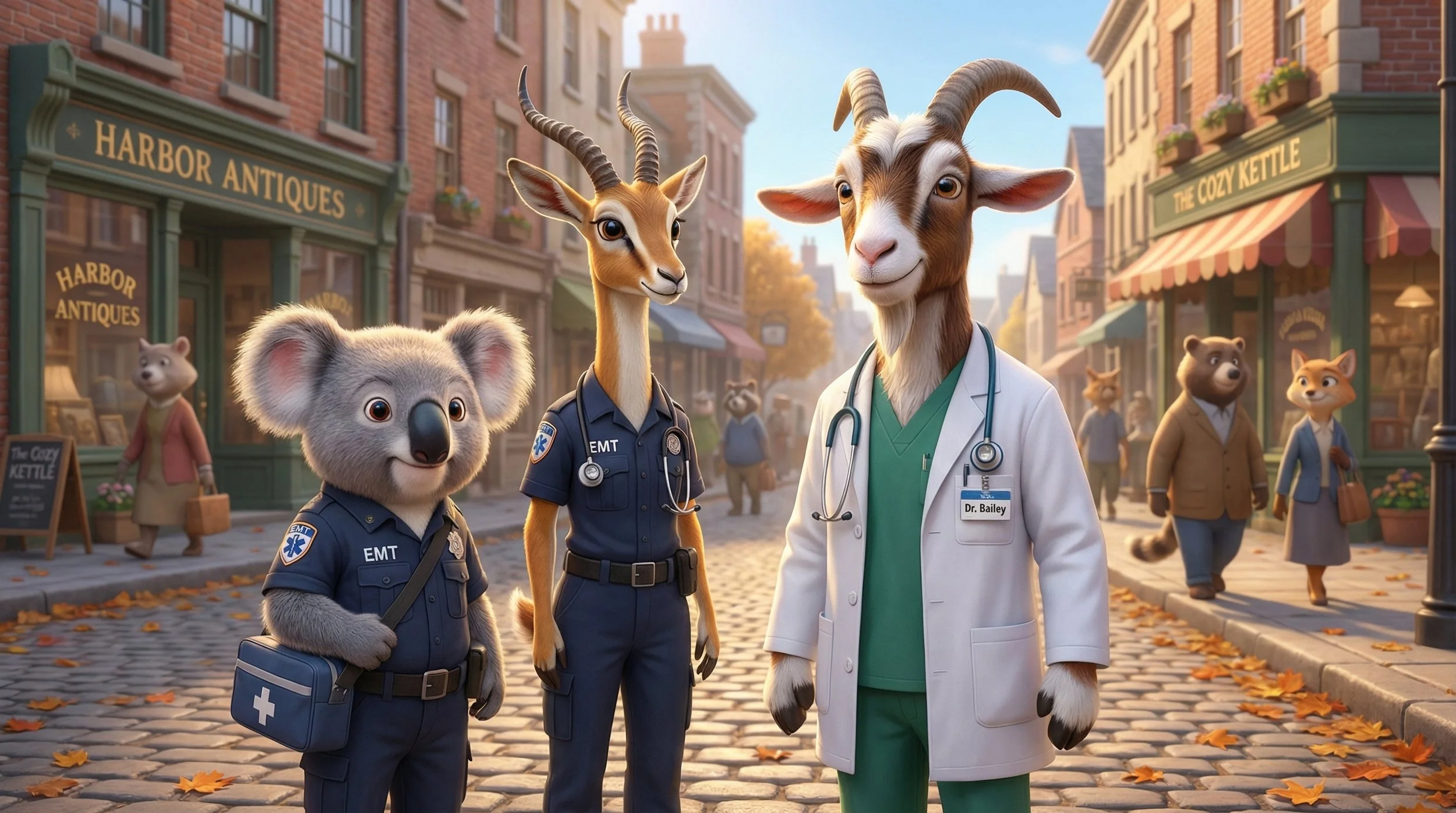 Maple Glen medical team goat doctor koala EMT deer nurse street scene animated mystery series Sherlock Cromes