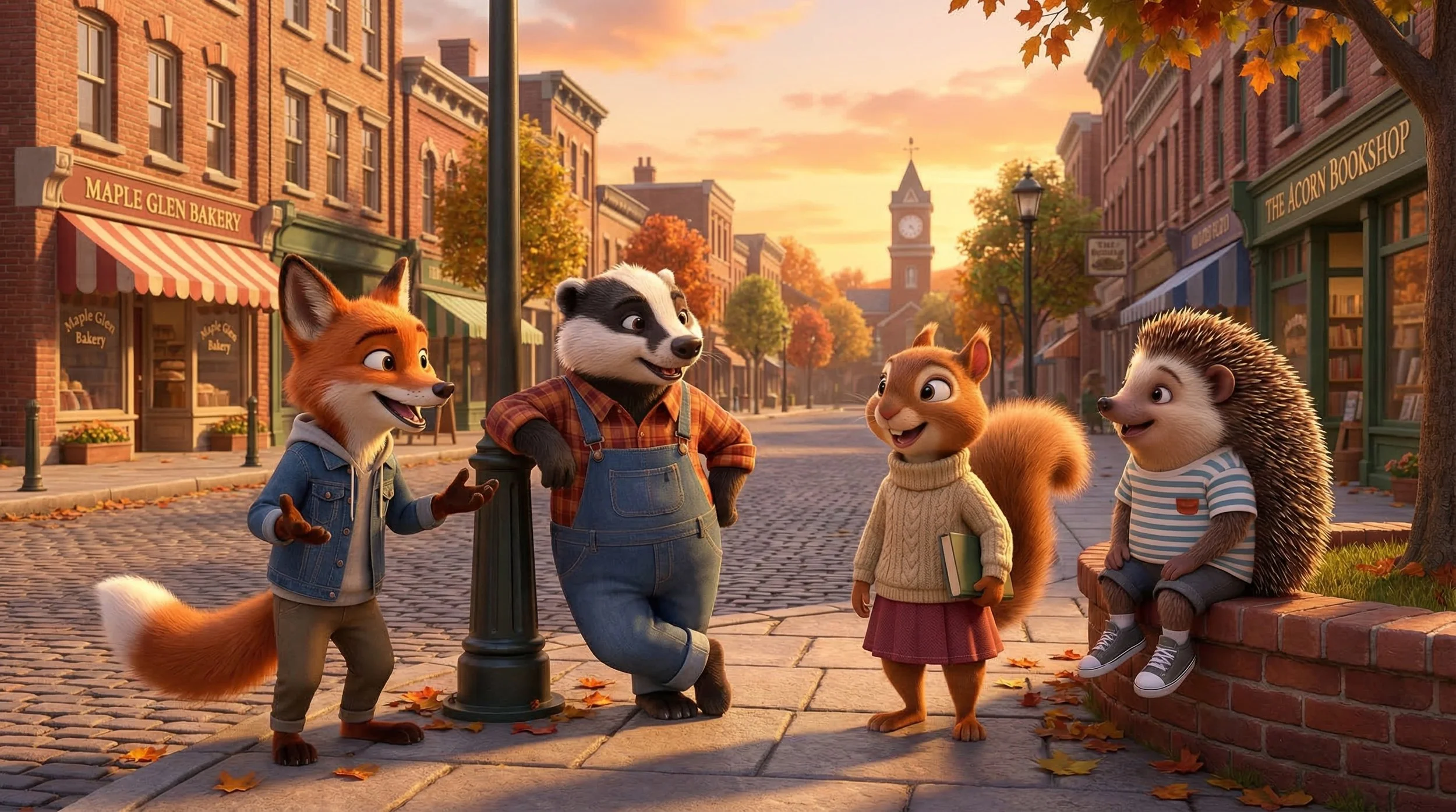Animated scene of four anthropomorphic animals, including a fox, a raccoon, a squirrel, and a hedgehog, walking and talking on a cobblestone street in a small town during autumn sunset. The town has brick buildings, shop signs, and fall leaves.