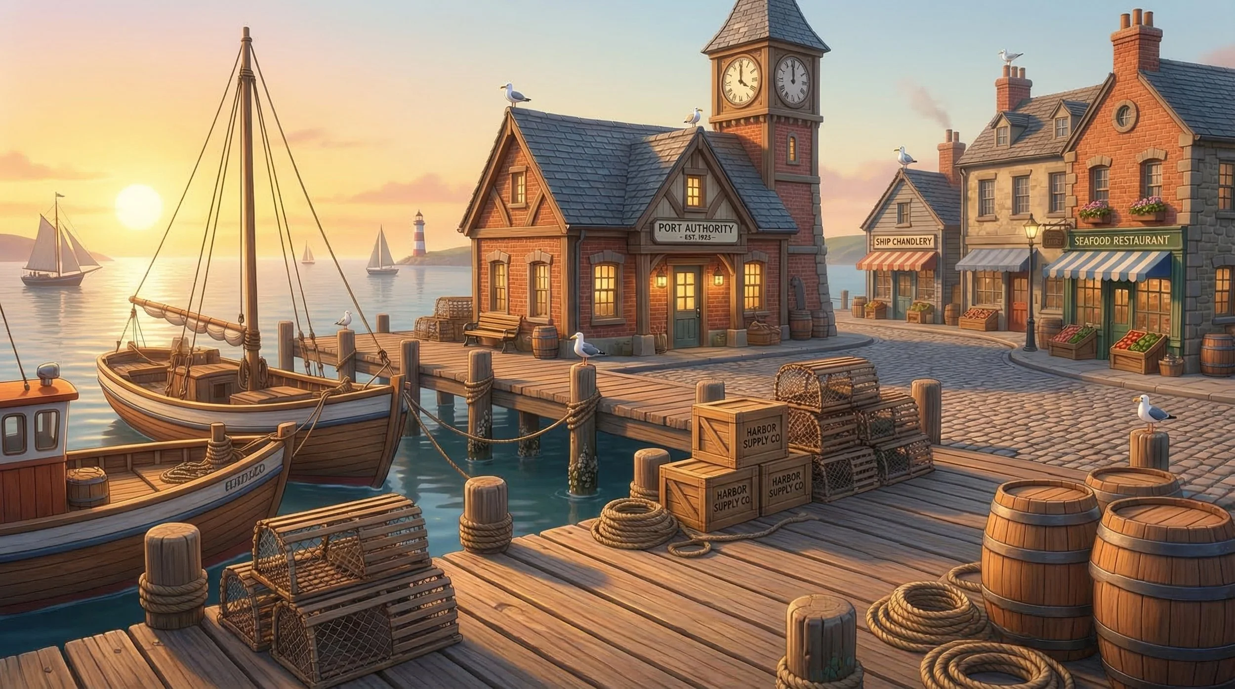 A scenic harbor scene at sunset with boats docked at a wooden pier, a small brick building with a clock tower labeled 'Port Authority', and row of shops including a seafood restaurant. Seagulls perch on posts and ships sail on calm water with a lighthouse in the background.