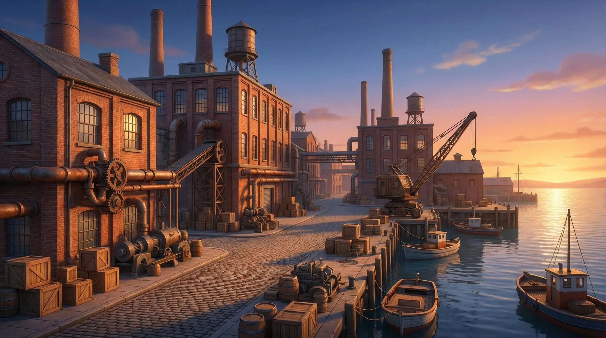 An illustrated harbor scene at sunset with brick industrial buildings, steam-powered machinery, crates, barrels, and small boats docked at the pier.
