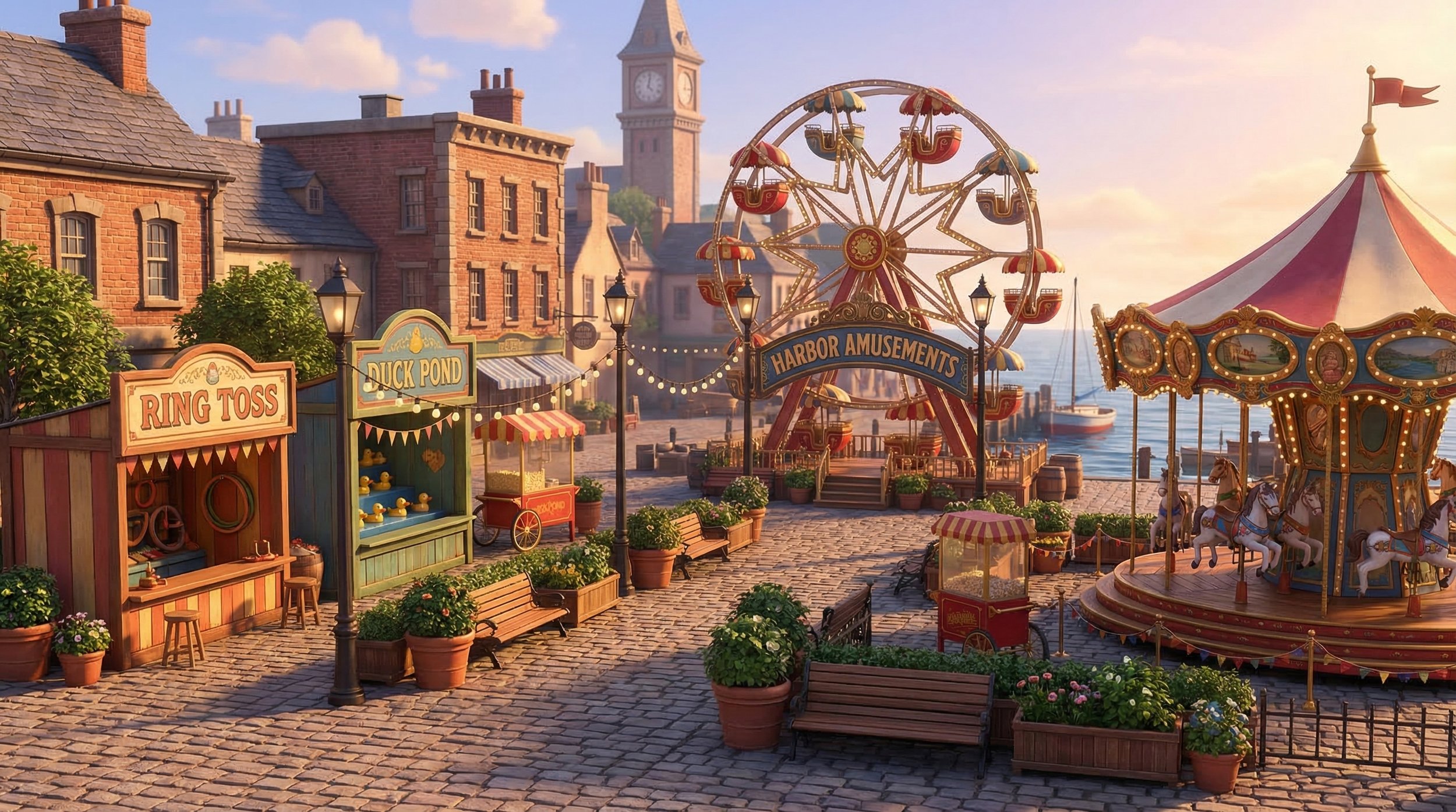 Empty amusement park near waterfront with rides, game booths, and benches during sunset.