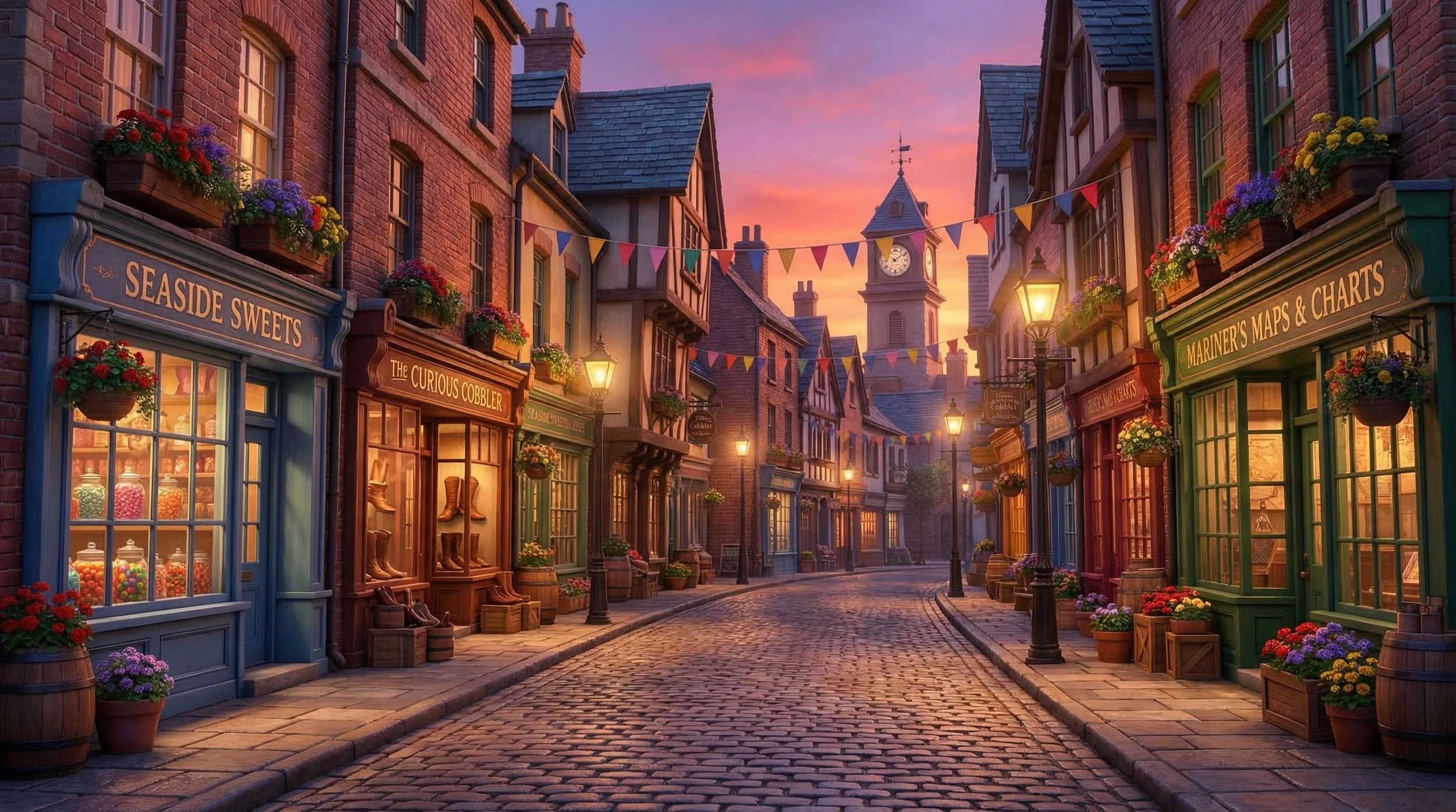 A colorful, quaint street scene during sunset with brick buildings, flower baskets, storefronts, and a cobblestone road.
