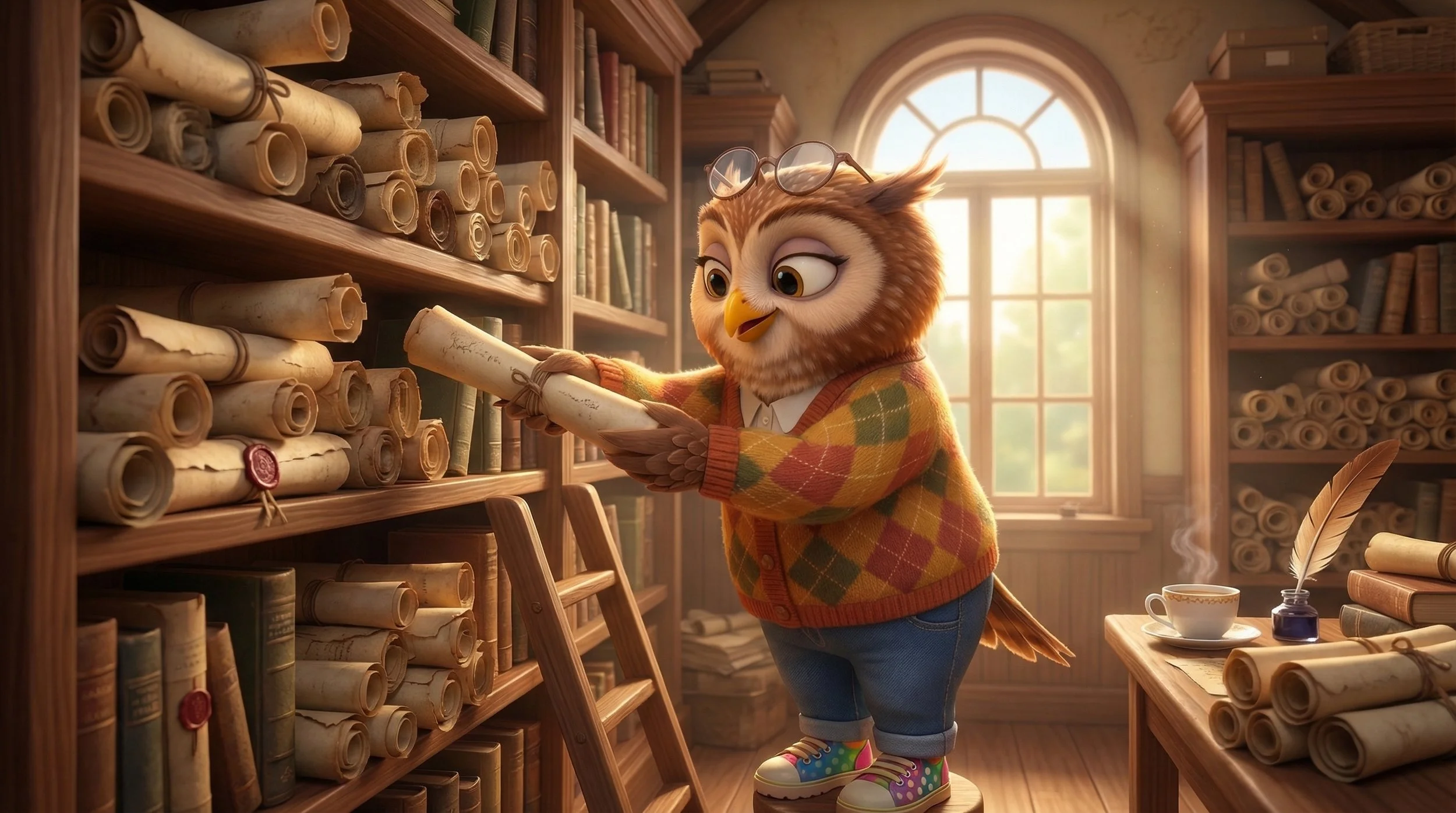 Animated owl in a library, holding a rolled parchment, surrounded by shelves of scrolls and books, with a sunrise light coming through a window, wearing glasses on its head, a colorful sweater, and sneakers.