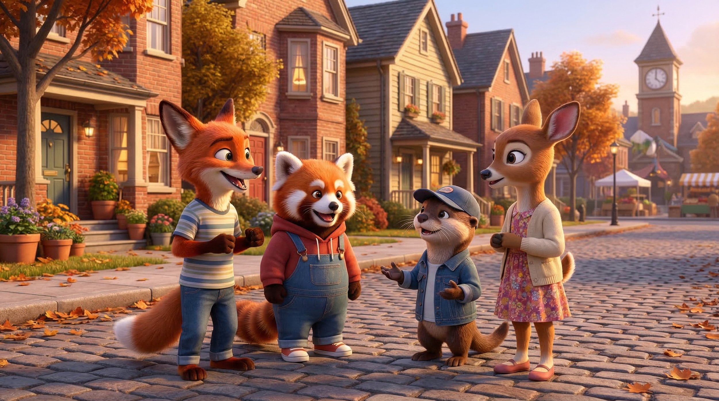 Animated scene of four animals and a girl standing on a cobblestone street in fall. The animals include a fox in a striped shirt, a red panda in overalls, a ferret in a denim jacket and cap, and a rabbit girl in a floral dress and cream cardigan. The